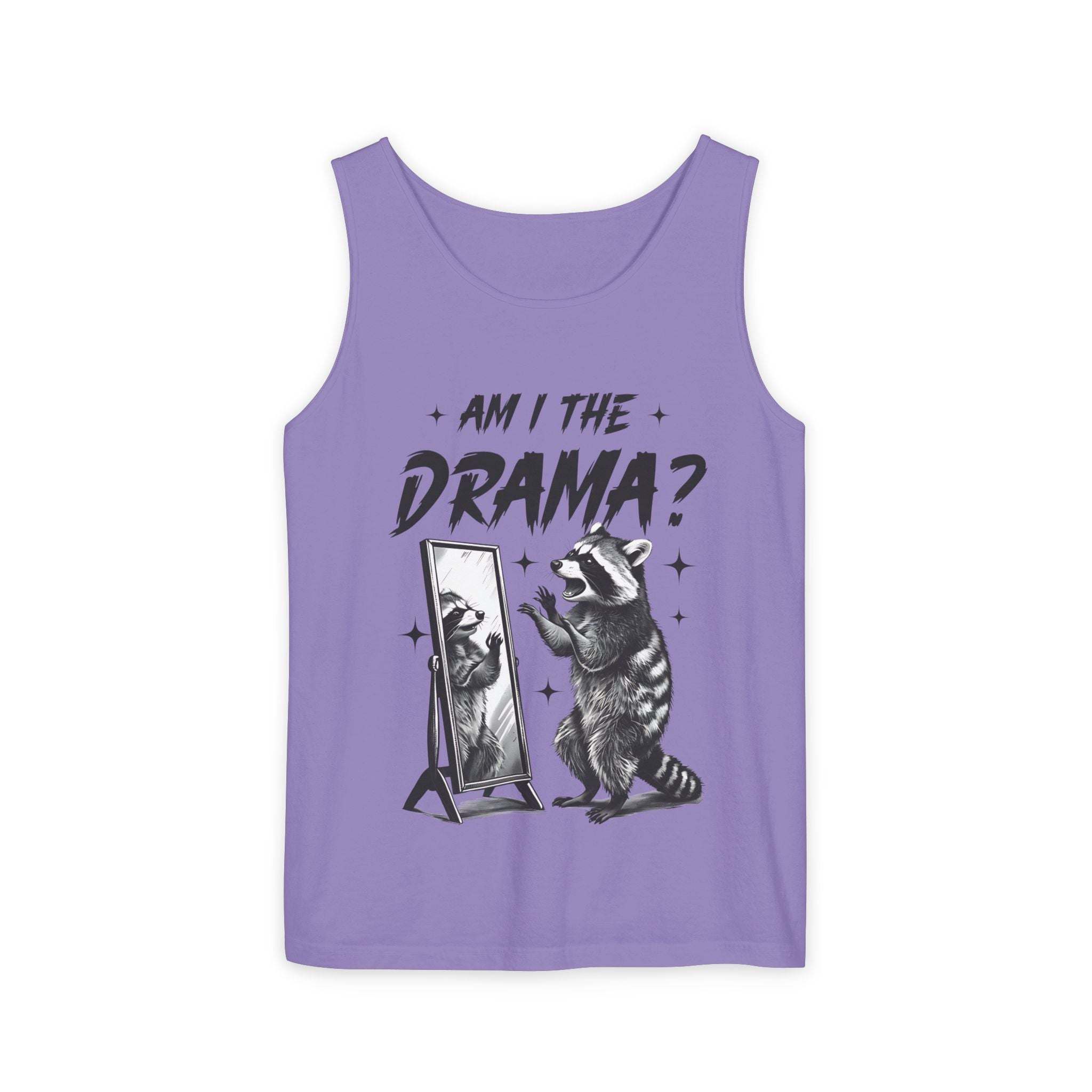 Purple tank top with "Am I The Drama?" design featuring a raccoon looking in a mirror