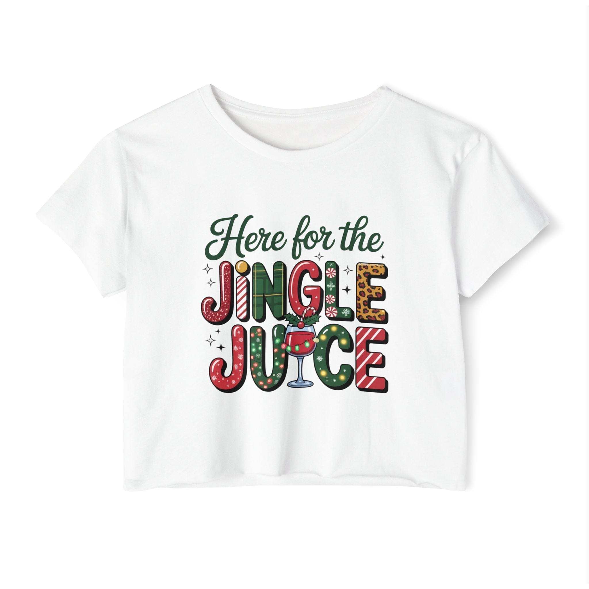 Women's festive white crop top with "Here for the Jingle Juice" holiday print and scoop neckline