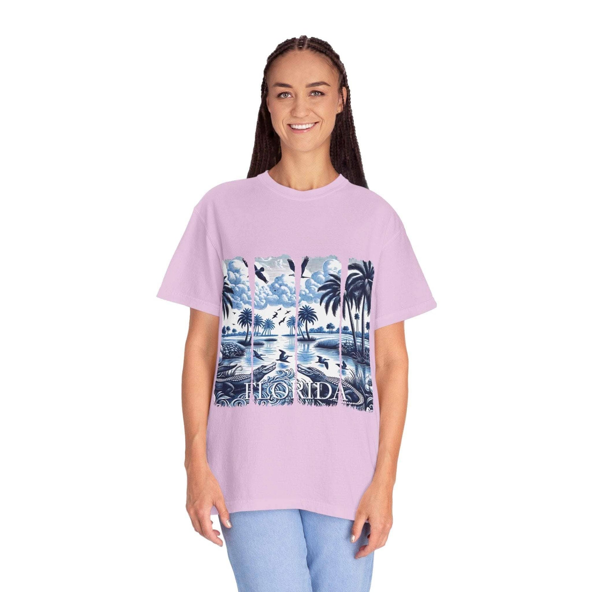 Blue Chinoise Brushstroke T-Shirt with soft blue chinoiserie brushwork on garment-dyed cotton