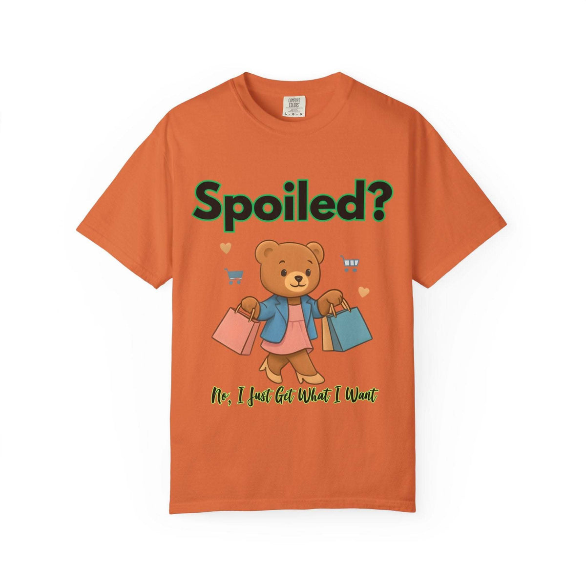 Black 'Spoiled No I Just Get What I Want' t-shirt by Printify, casual fit, comfortable cotton, size S