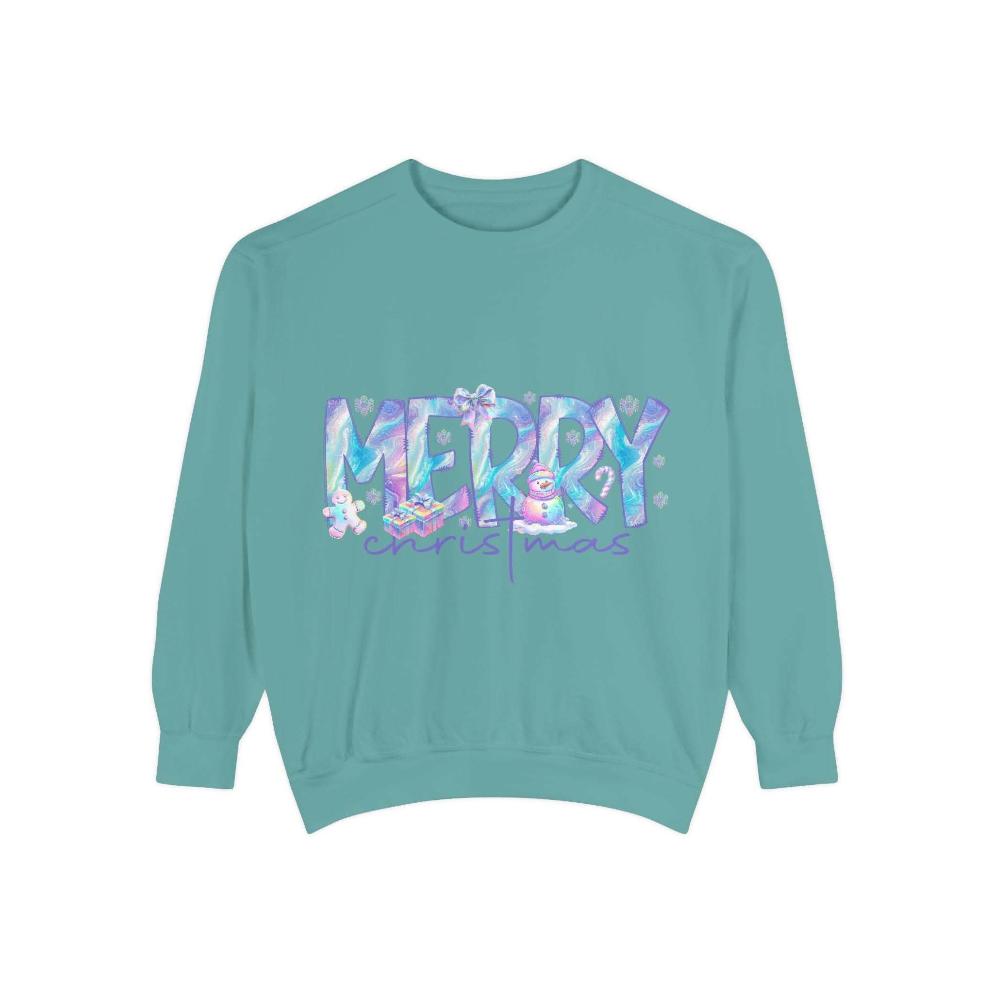 Unisex teal sweatshirt with iridescent Merry Christmas design and cozy fit