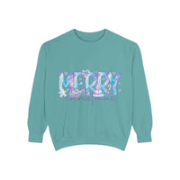 Unisex teal sweatshirt with iridescent Merry Christmas design and cozy fit