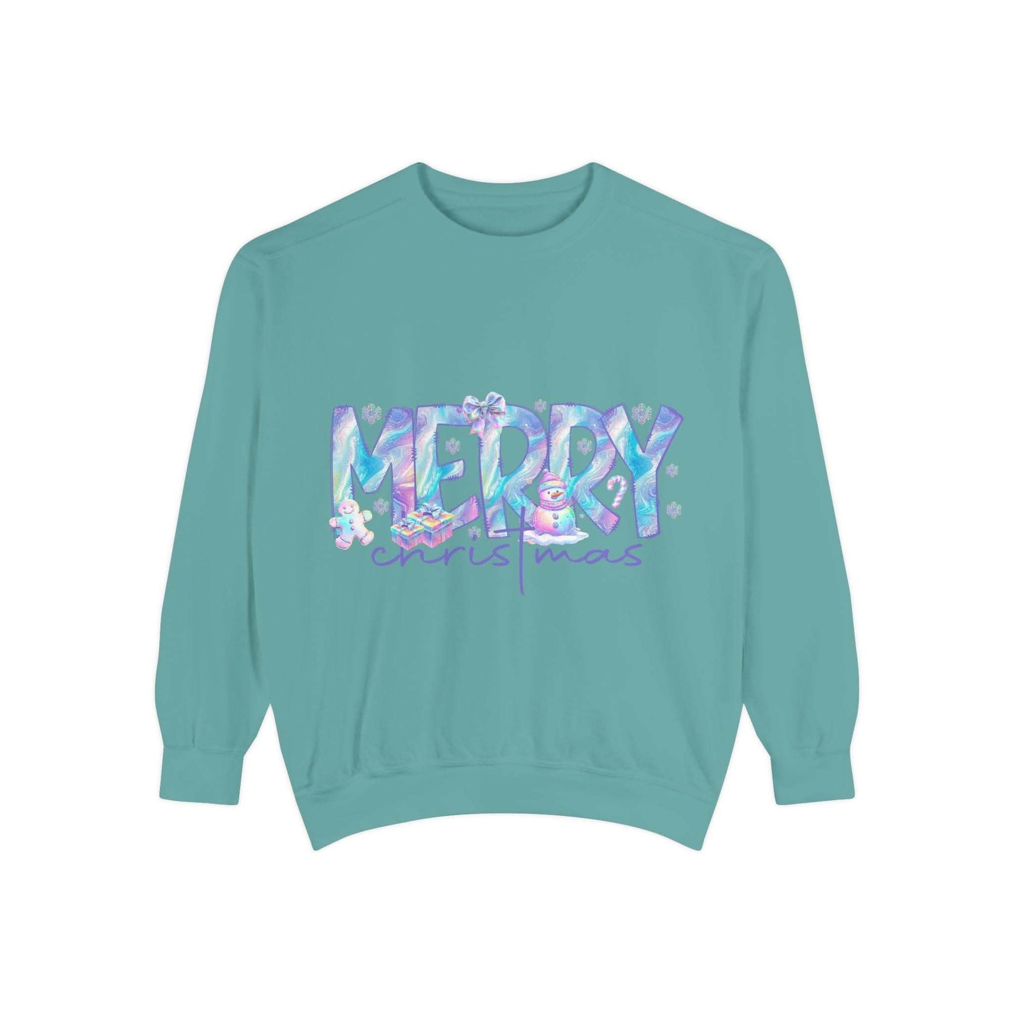 Unisex teal sweatshirt with iridescent Merry Christmas design and cozy fit