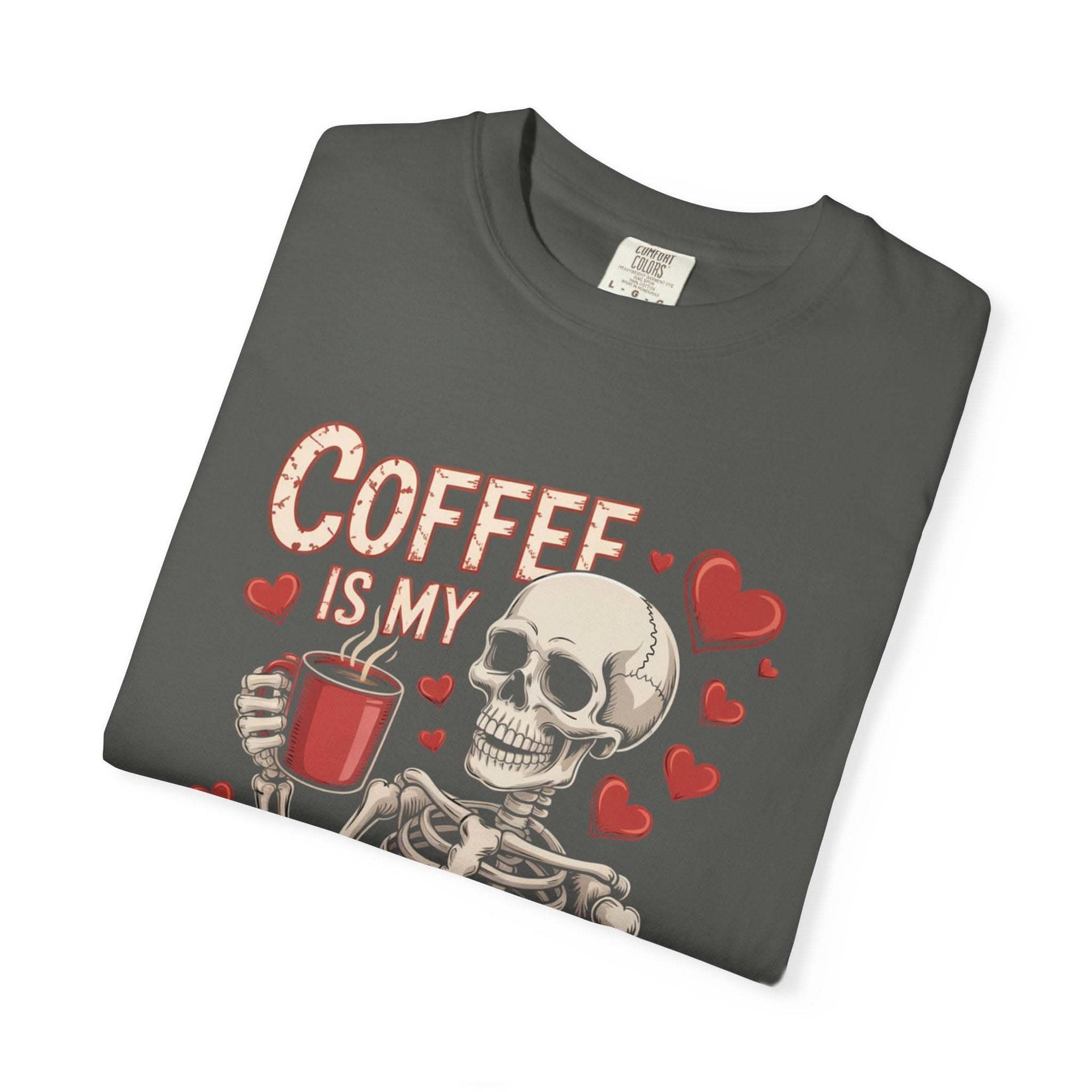Coffee Is My Valentine skeleton graphic T-shirt with vintage-washed finish and relaxed fit
