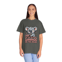 Woman wearing gray koala graphic t-shirt with "Soft on the Outside, Savage on the Inside" text