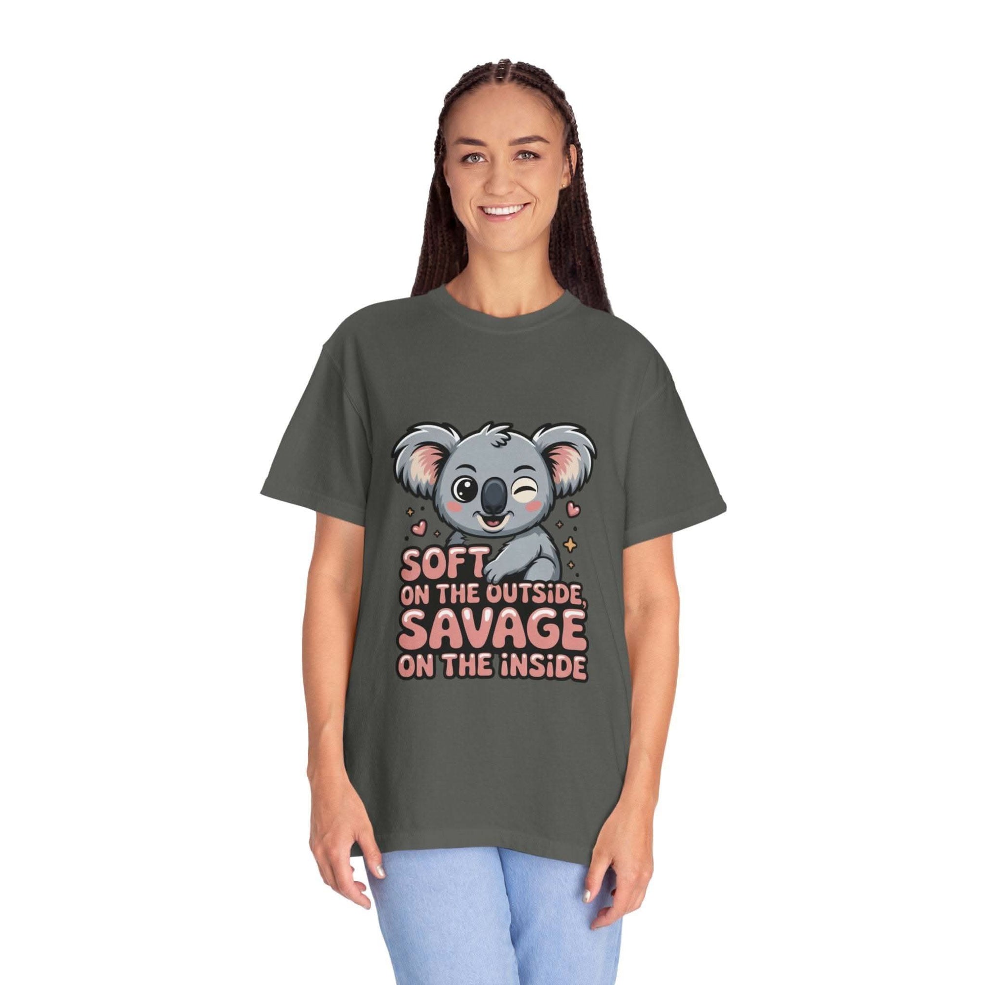 Woman wearing gray koala graphic t-shirt with "Soft on the Outside, Savage on the Inside" text