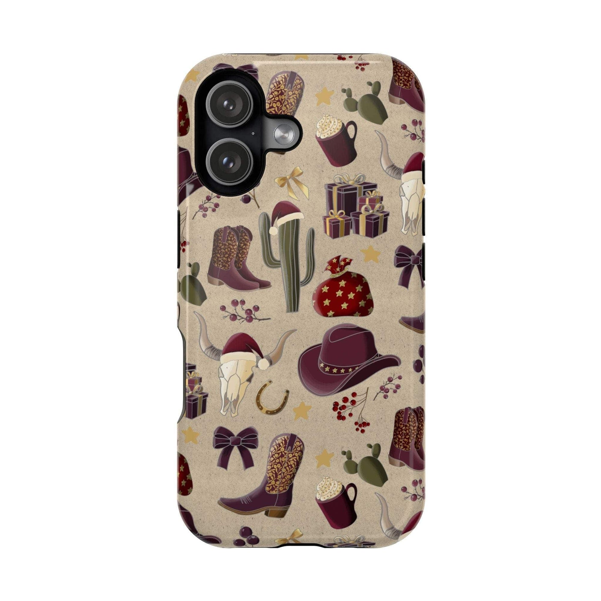 Cowboy Christmas design phone case for iPhone 17 in glossy finish by Printify, featuring festive colors and patterns.