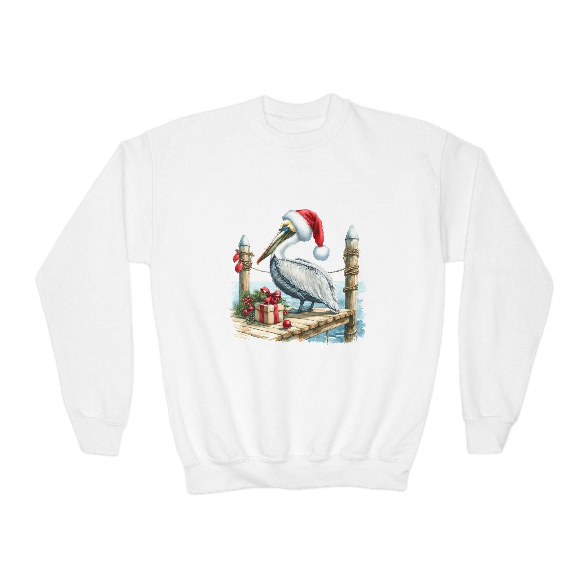 White youth crewneck sweatshirt with embroidered pelican wearing a Santa hat on a dock with holiday gifts