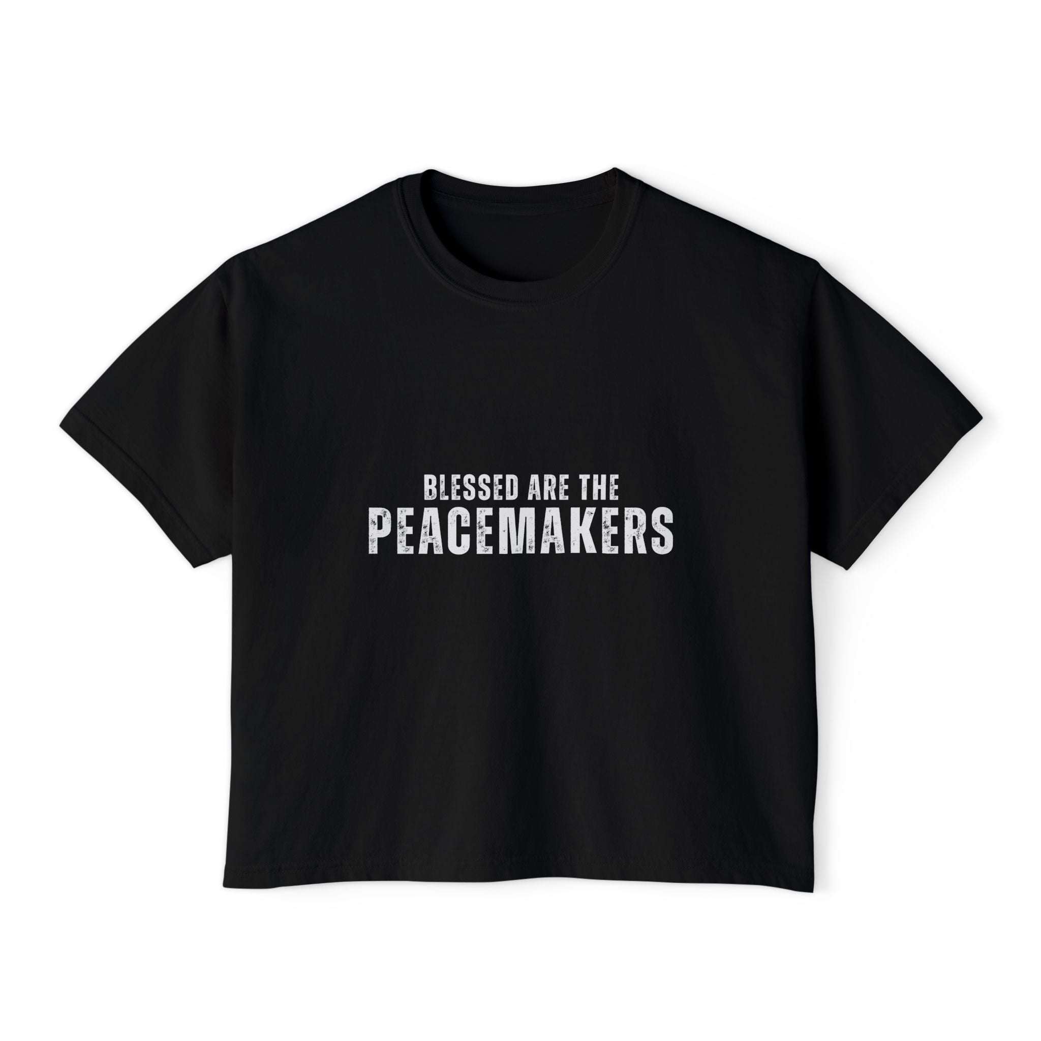 Black women's boxy Tee Blessed be the Peacemakers shirt with white text for casual, positive fashion