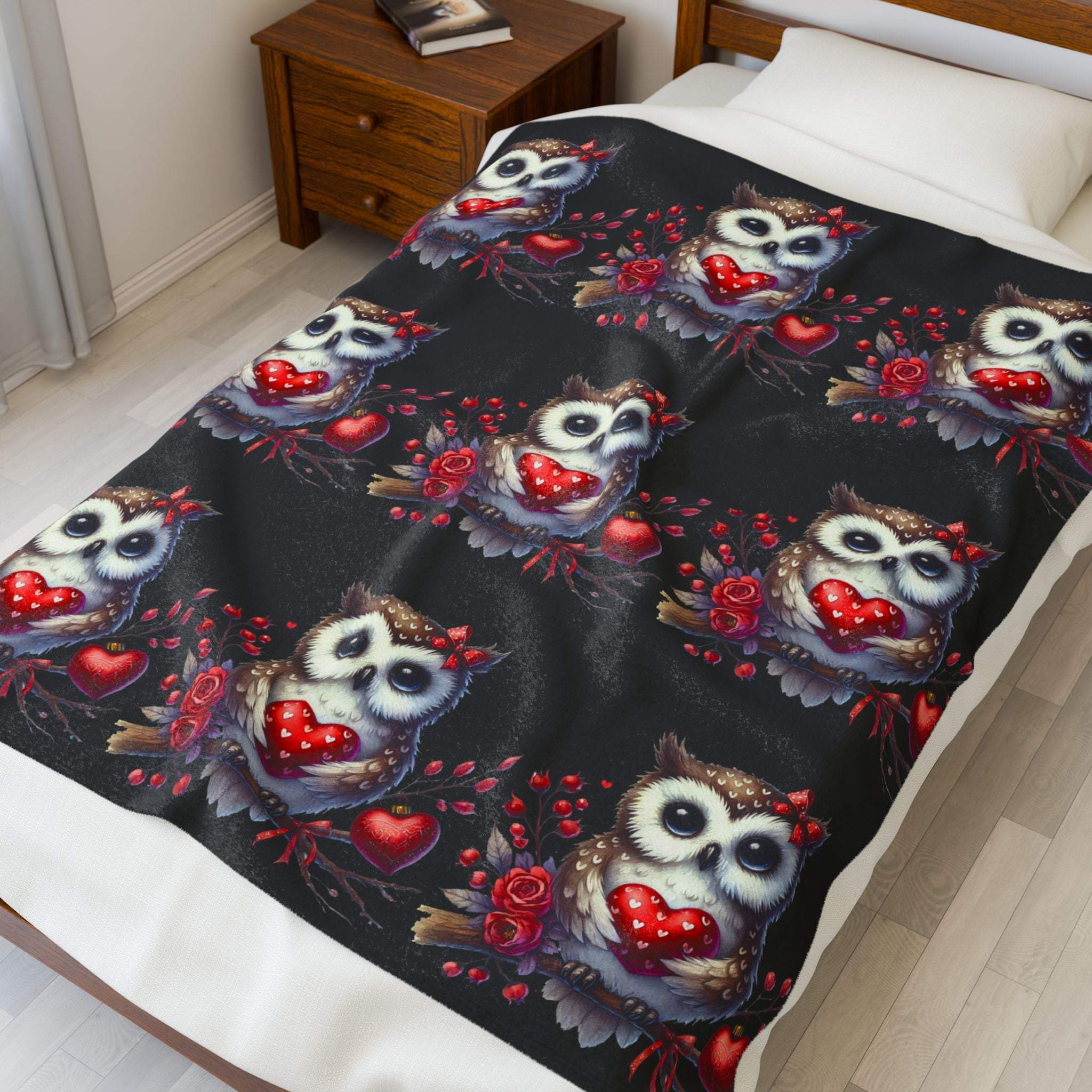 Floral Valentine Owl plush velveteen blanket with heart and blossoms design