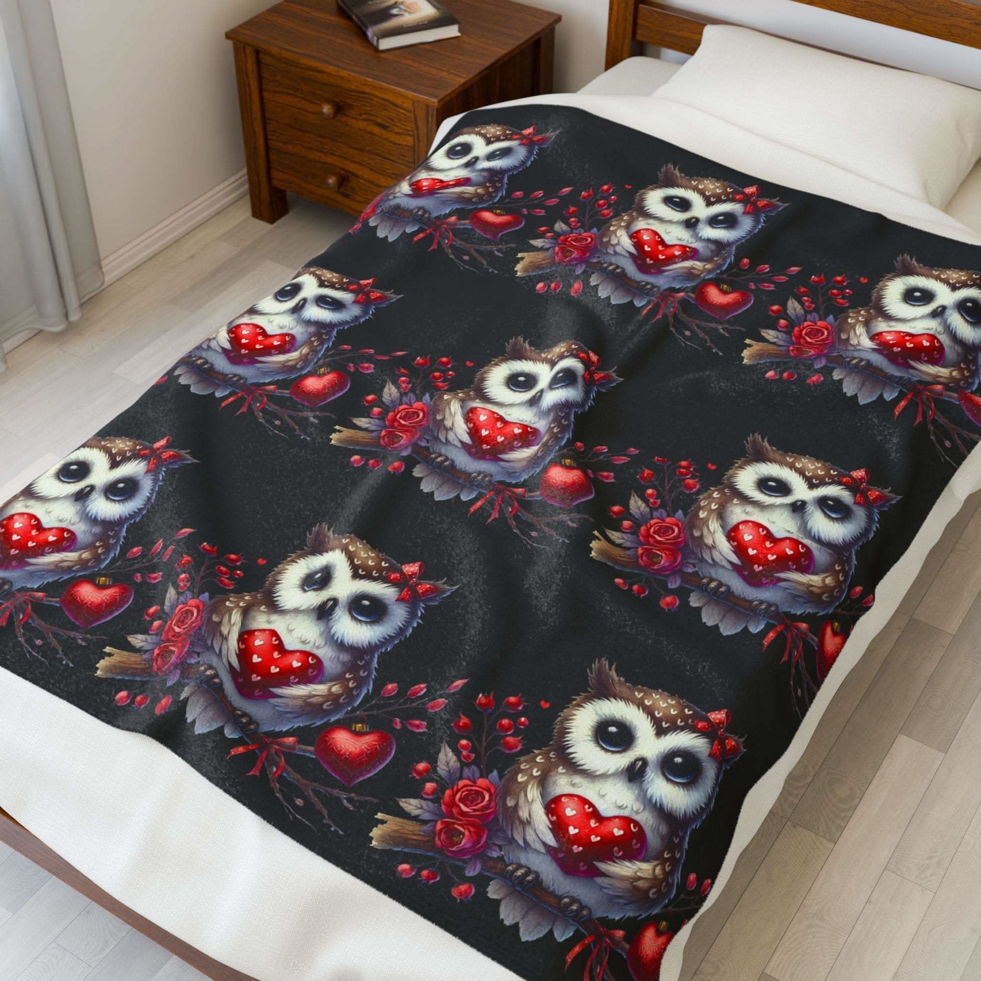 Floral Valentine Owl plush velveteen blanket with heart and blossoms design