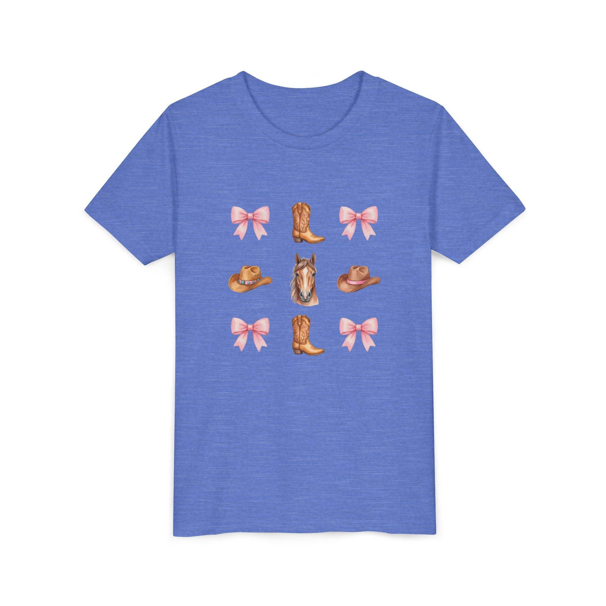 Youth pink tee with cowboy horse, boots, pink bows, and Western hat design
