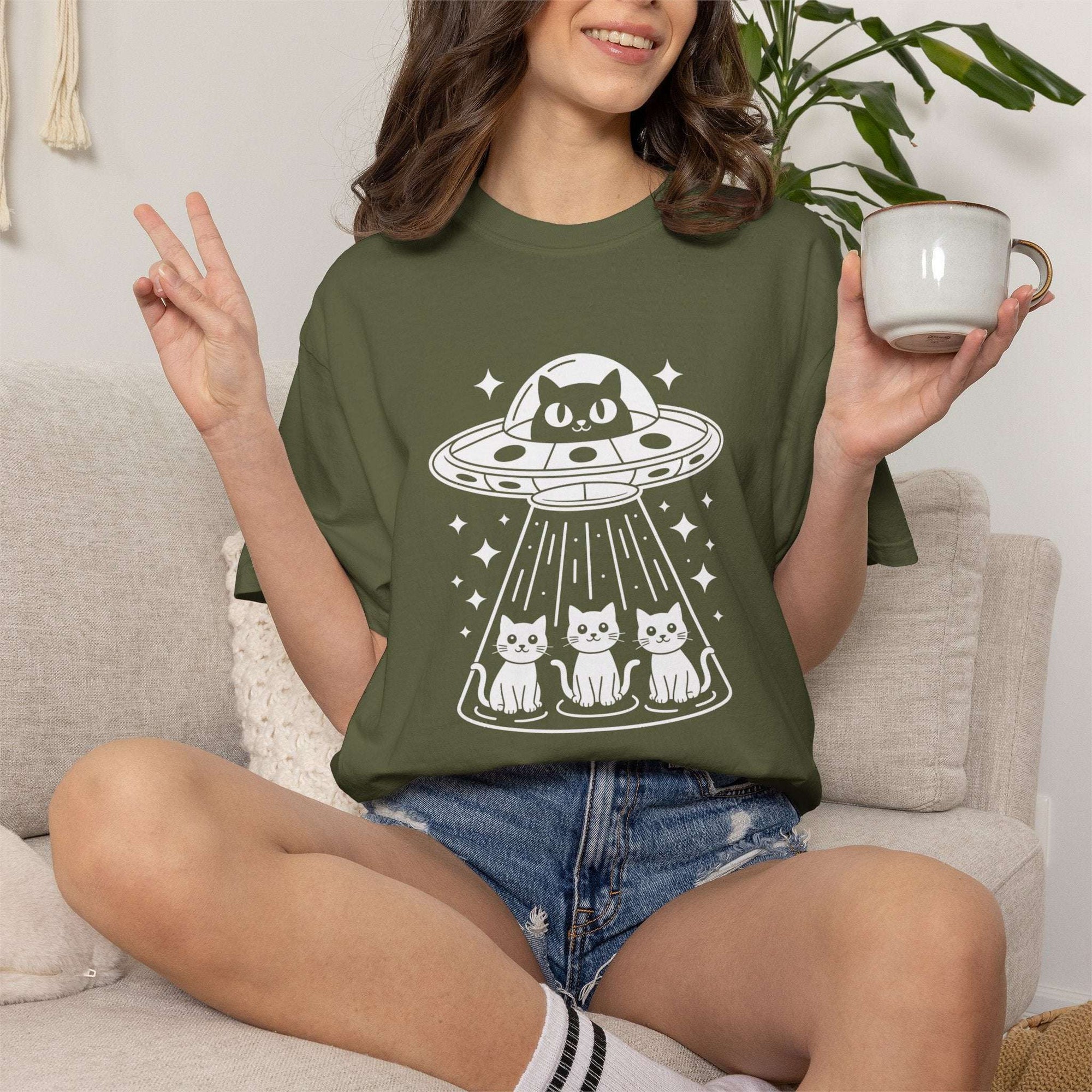 Surreal Cat UFO Abduction T-Shirt | Weirdcore Alien Graphic Tee | Comfort Colors Extraterrestrial Top