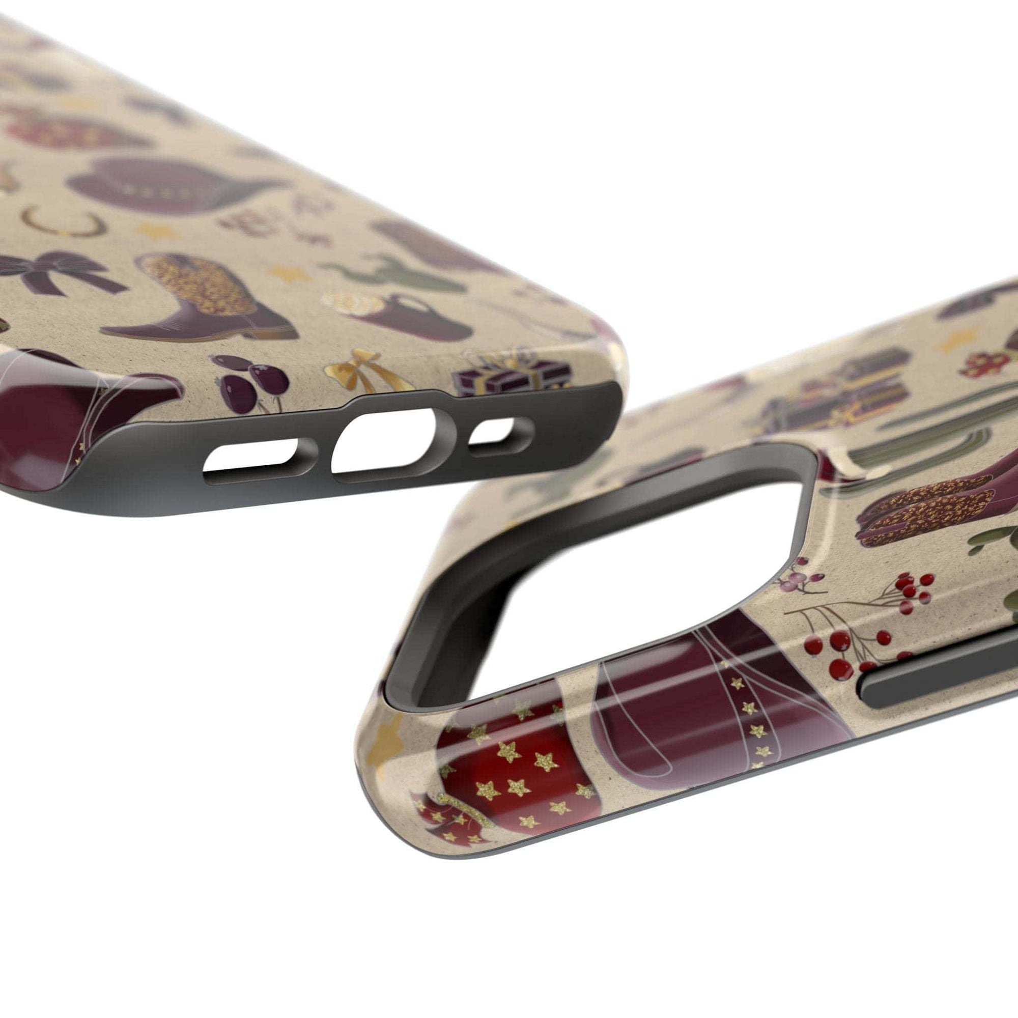 Cowboy Christmas design phone case for iPhone 17 in glossy finish by Printify, featuring festive colors and patterns.
