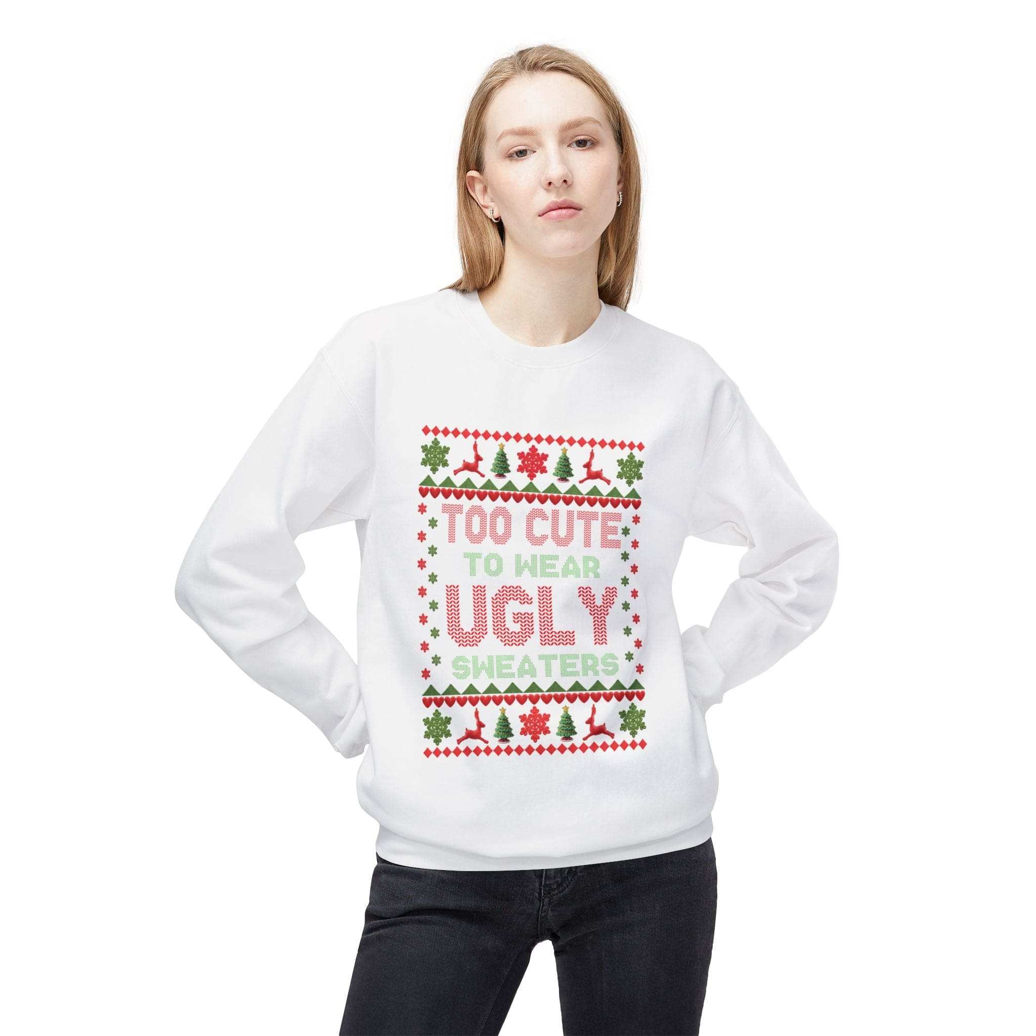 Navy unisex fleece sweatshirt with 'Too Cute To Wear Ugly Sweaters' design by Printify for Christmas