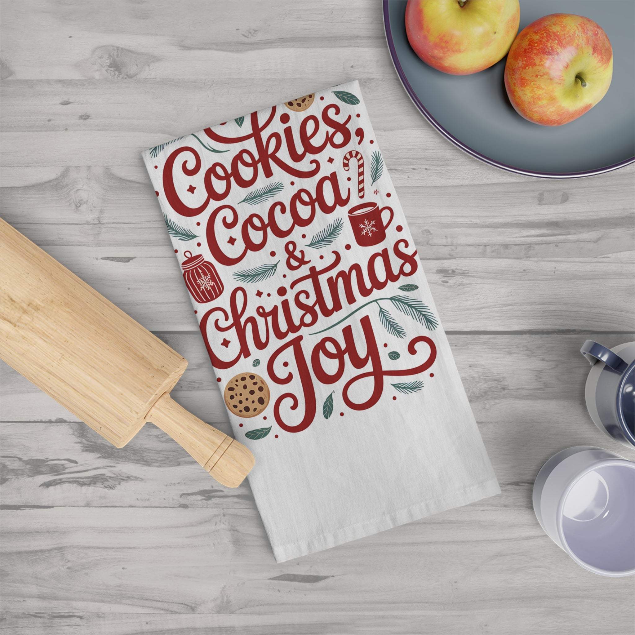 Festive Tea Towel with Cookies, Cocoa, and Christmas Joy design for kitchen use