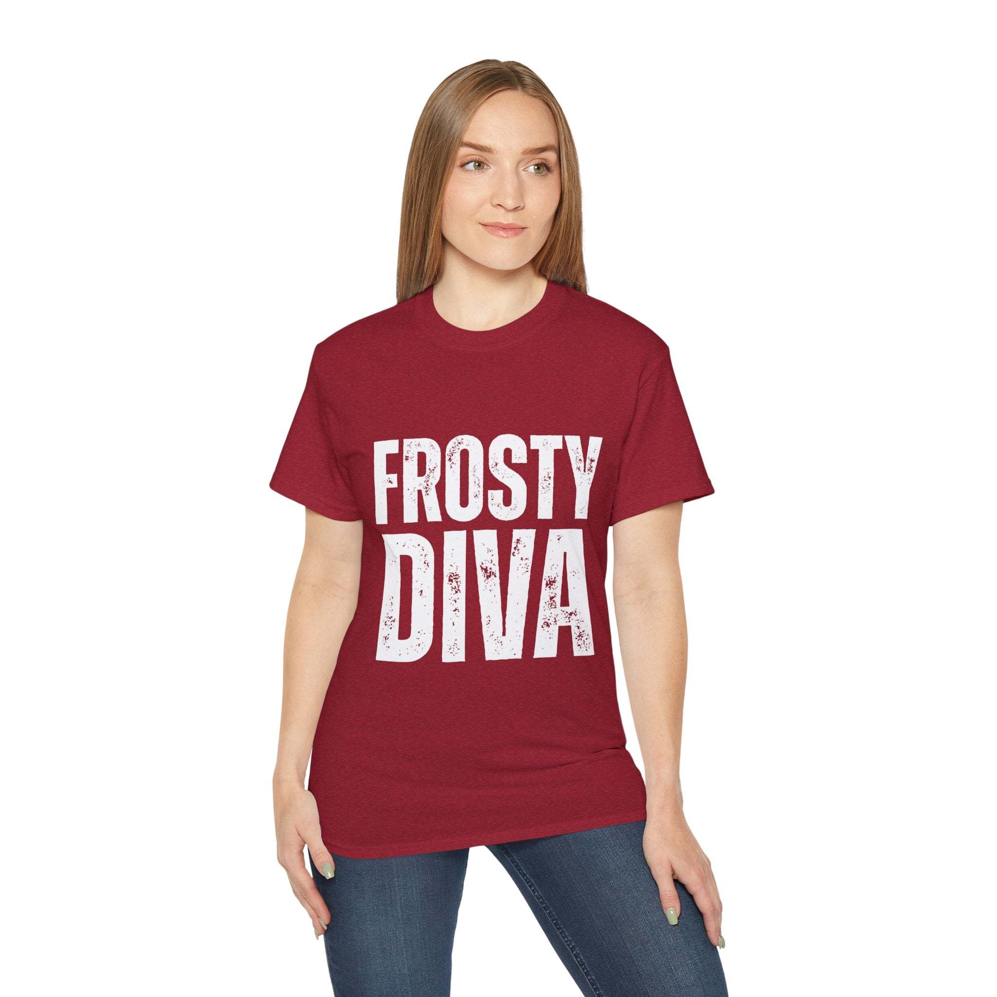 Woman wearing a red distressed Frosty Diva T-shirt, casual unisex cotton tee