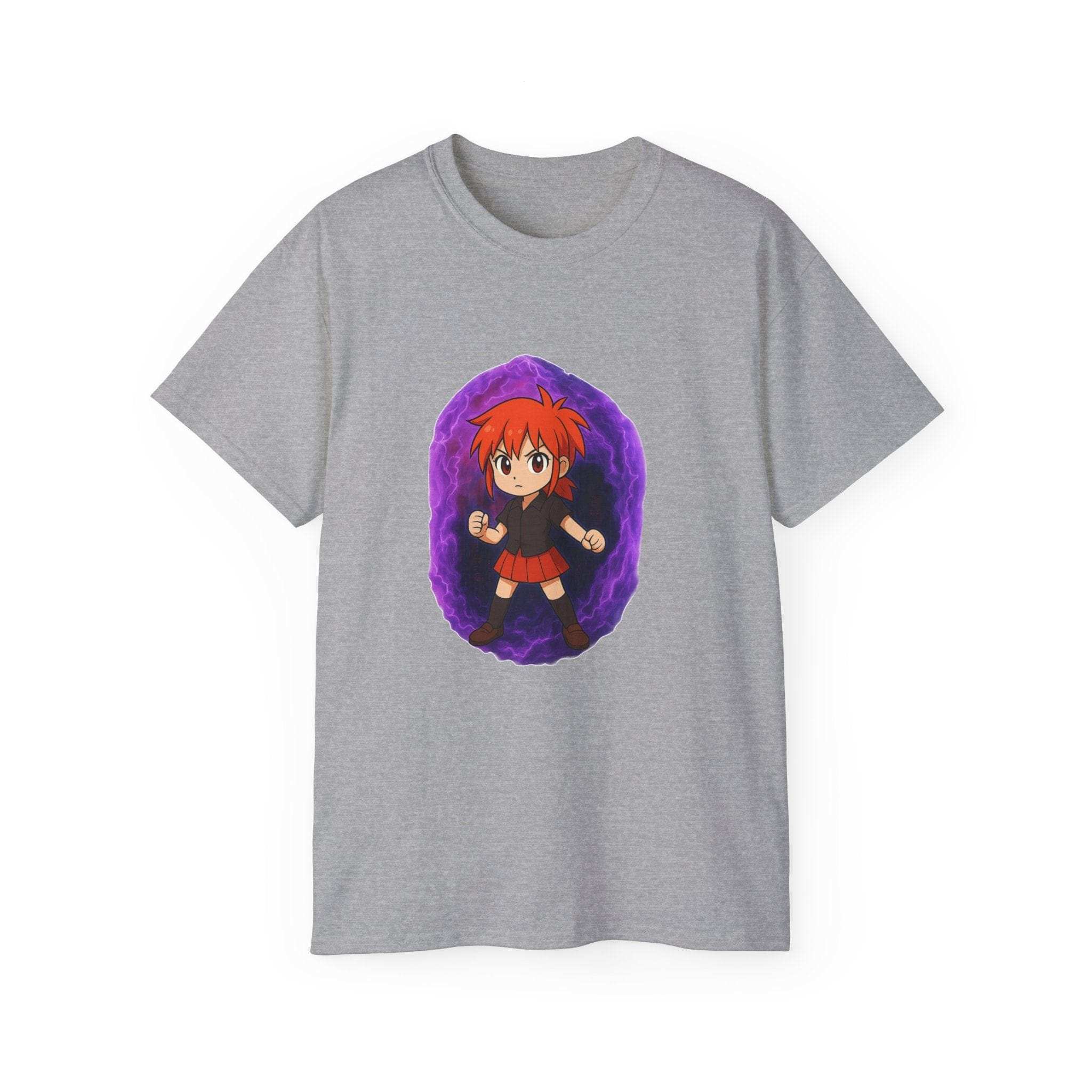 Unisex purple Anime Power Girl T-shirt in Antique Cherry Red, casual fit, perfect for cosplay or everyday wear, by Printify.