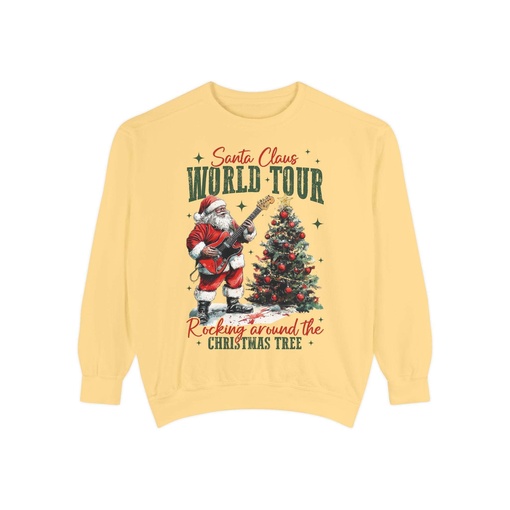Christmas sweatshirt featuring Rocking Santa Claus playing guitar beside a decorated tree, festive holiday design