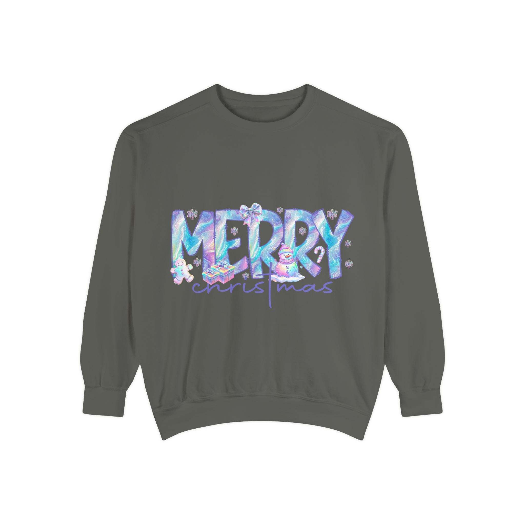 Unisex gray sweatshirt with iridescent Merry Christmas design and ribbed cuffs for cozy holiday wear
