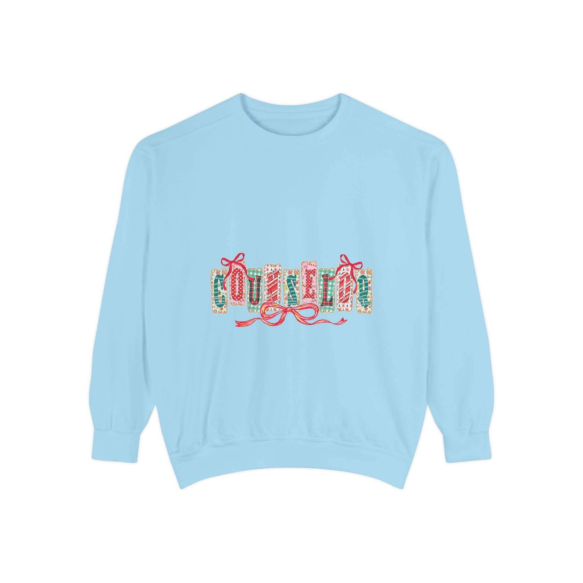 Garment-dyed True Navy sweatshirt with festive Christmas design, perfect for holiday gifting, by Printify