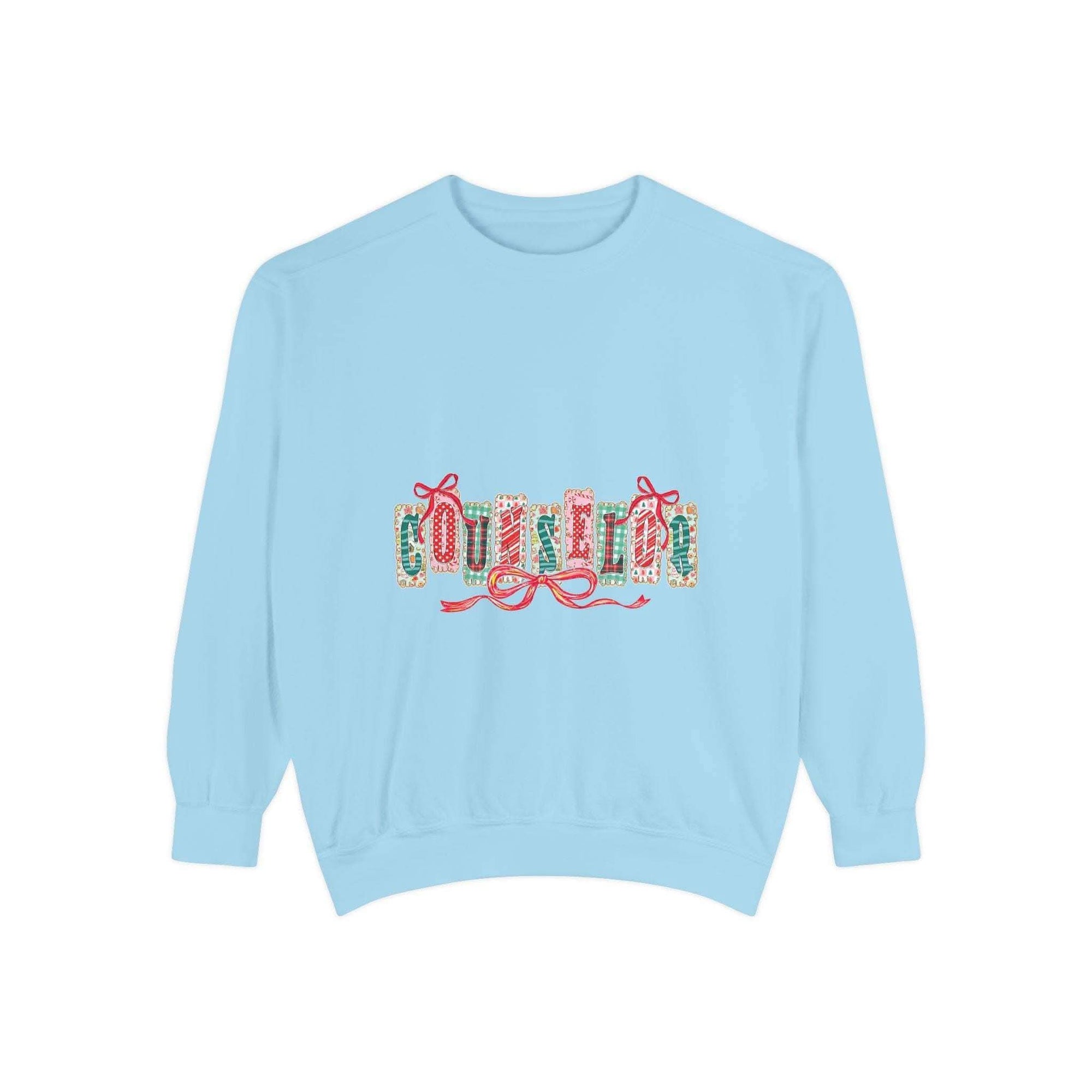 Garment-dyed True Navy sweatshirt with festive Christmas design, perfect for holiday gifting, by Printify