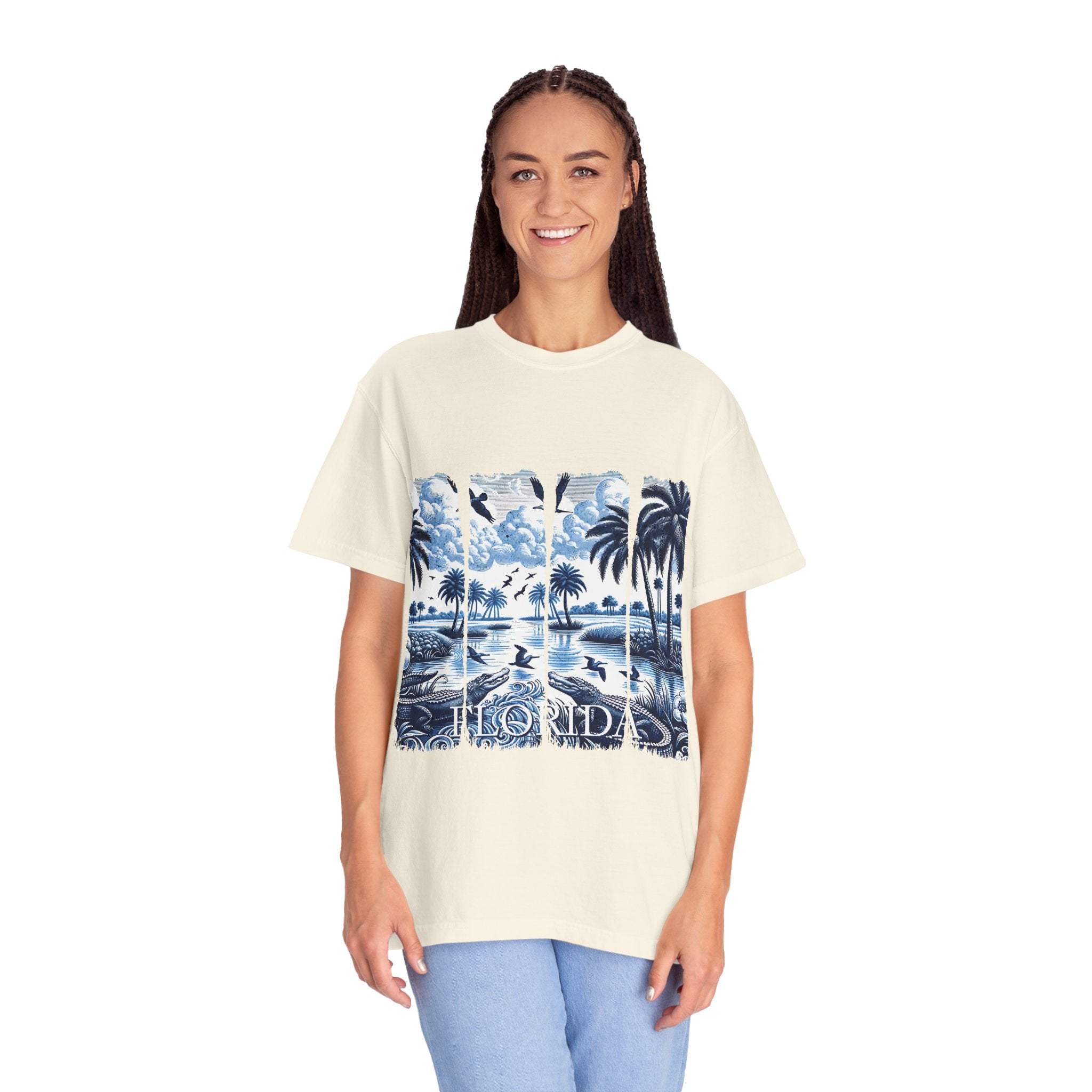 Blue Chinoise Brushstroke T-Shirt with soft blue chinoiserie brushstroke design on garment-dyed cotton tee