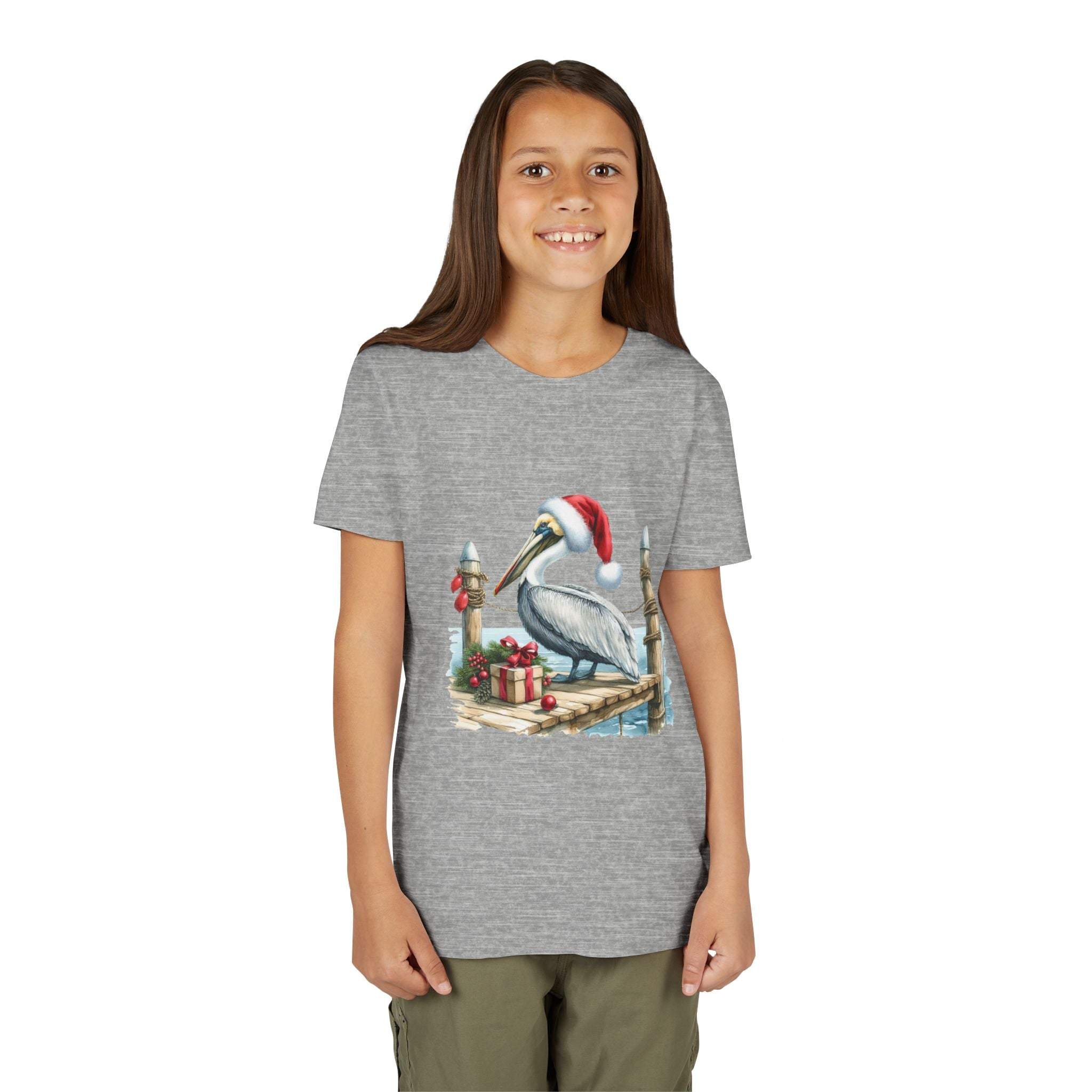 Youth gray t-shirt with pelican wearing Santa hat on pier design