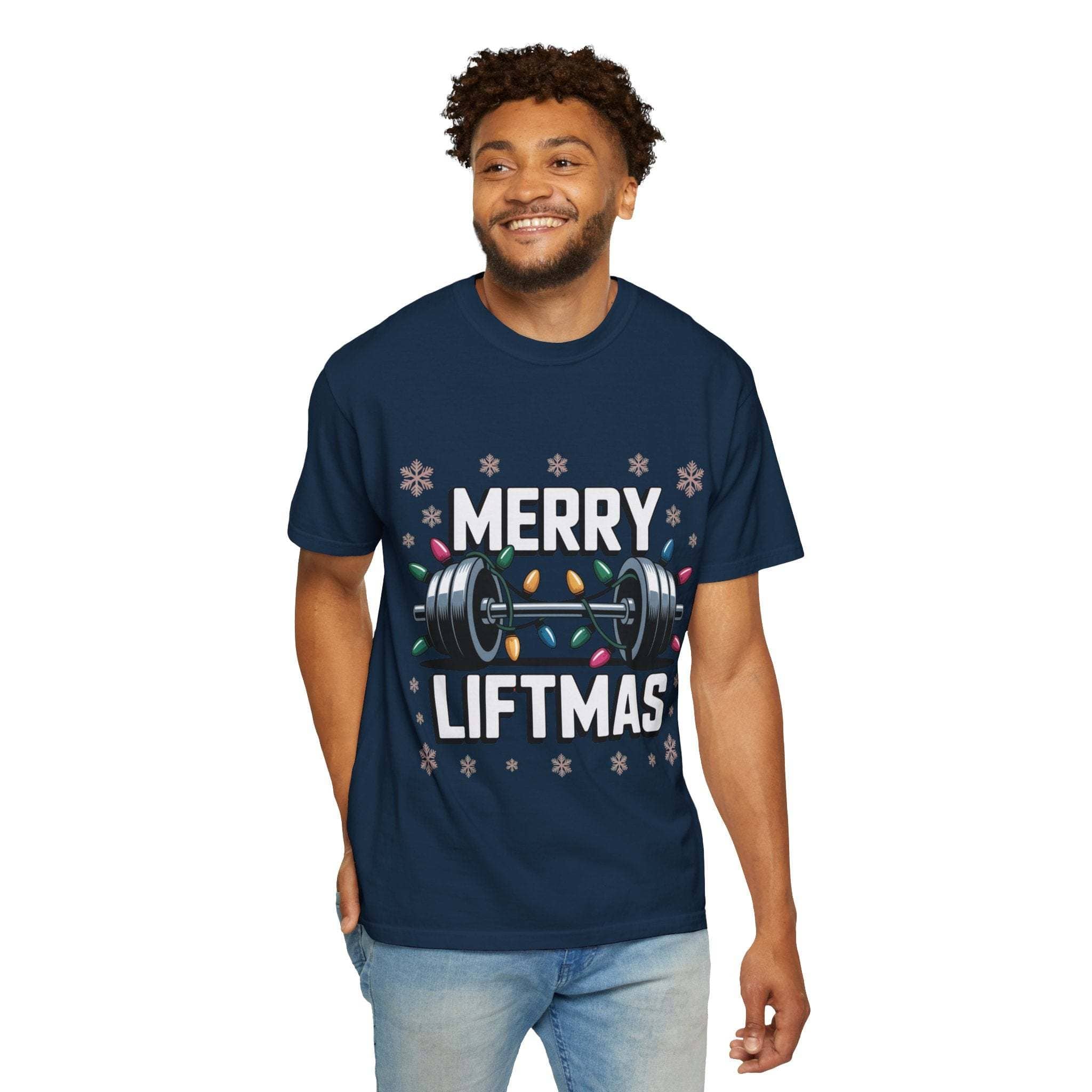 Man wearing navy Christmas Workout T-shirt with Merry Liftmas barbell design