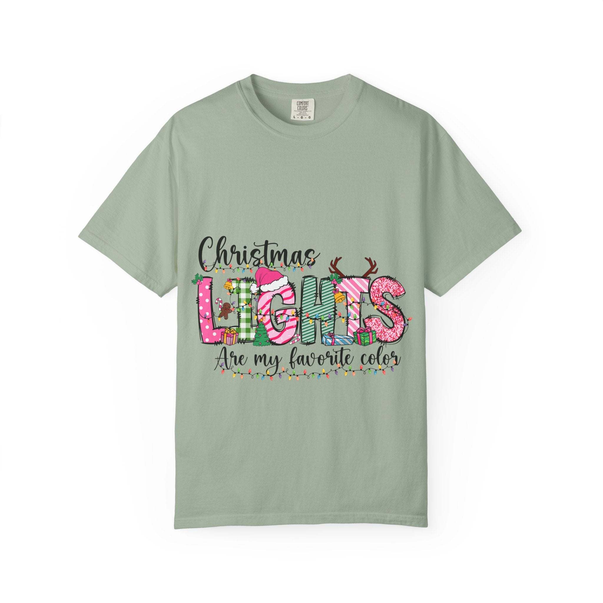 Christmas Lights Are My Favorite Color T-shirt in soft garment-dyed cotton with relaxed fit and holiday slogan design