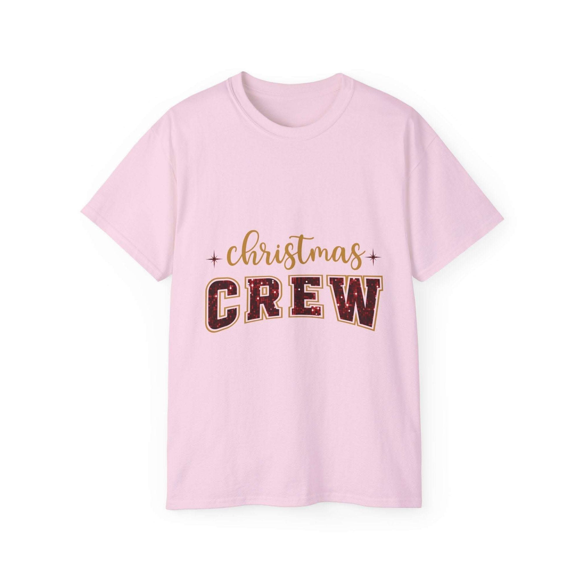 Antique Cherry Red Christmas Crew Faux Glitter Tee by Printify, featuring festive design and comfortable fit