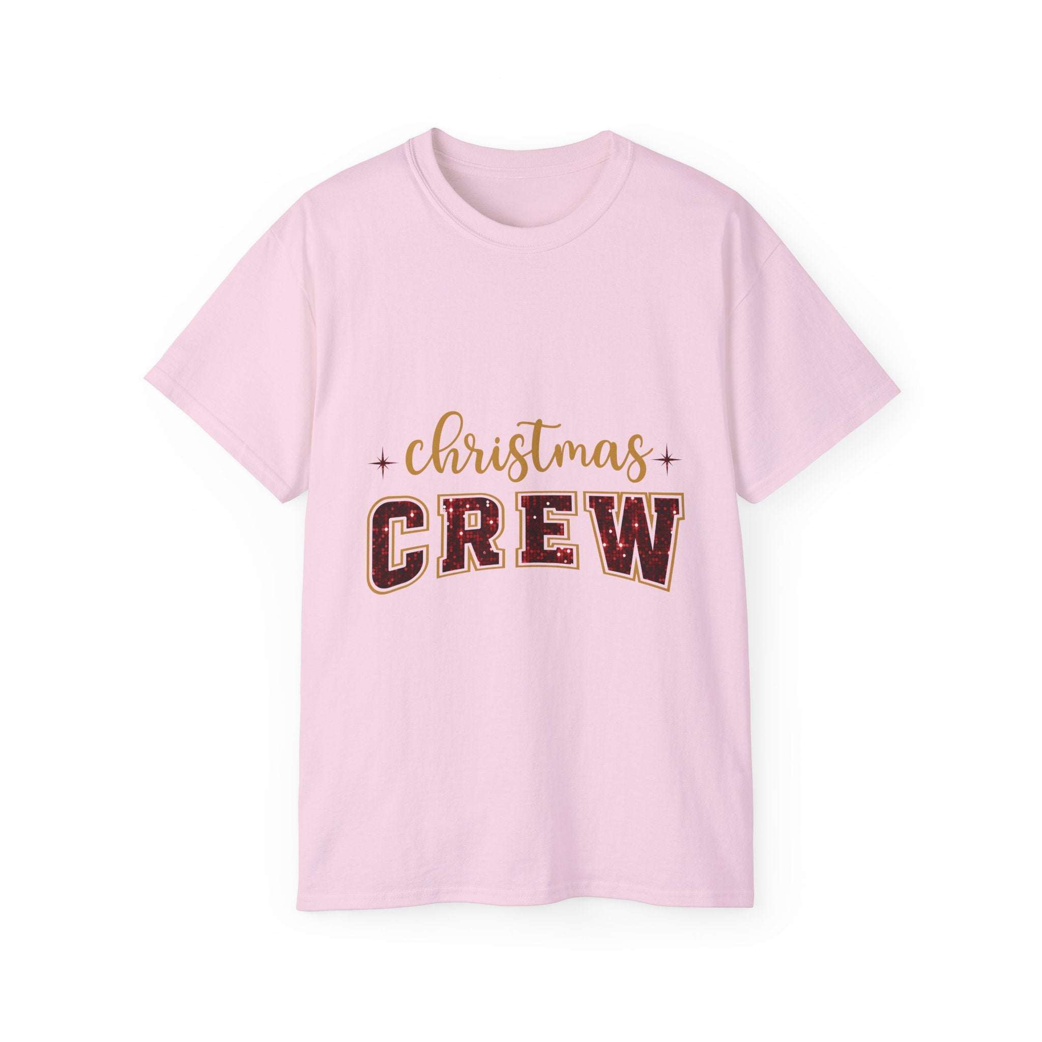 Antique Cherry Red Christmas Crew Faux Glitter Tee by Printify, featuring festive design and comfortable fit