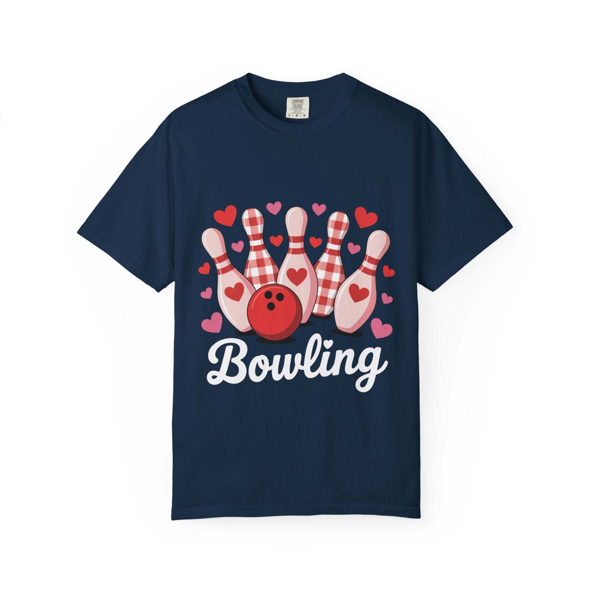 Valentine's Bowling Hearts Tshirt with tiny hearts and bowling pin design on cozy heavyweight cotton