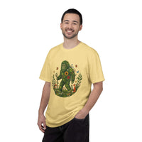 Forest Sasquatch Illustration T-shirt with floral woodland Bigfoot and fox design on vintage cotton fabric