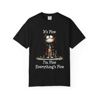 Black cat t-shirt with "It's Fine, I'm Fine, Everything's Fine" text and small cat illustration