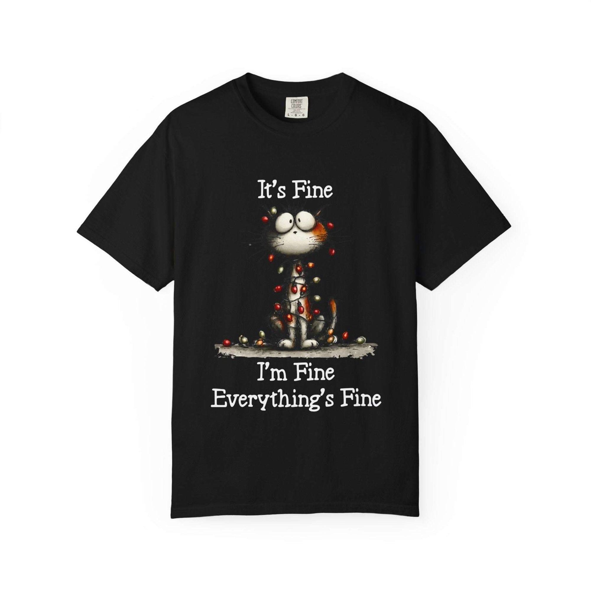 Black cat t-shirt with "It's Fine, I'm Fine, Everything's Fine" text and small cat illustration