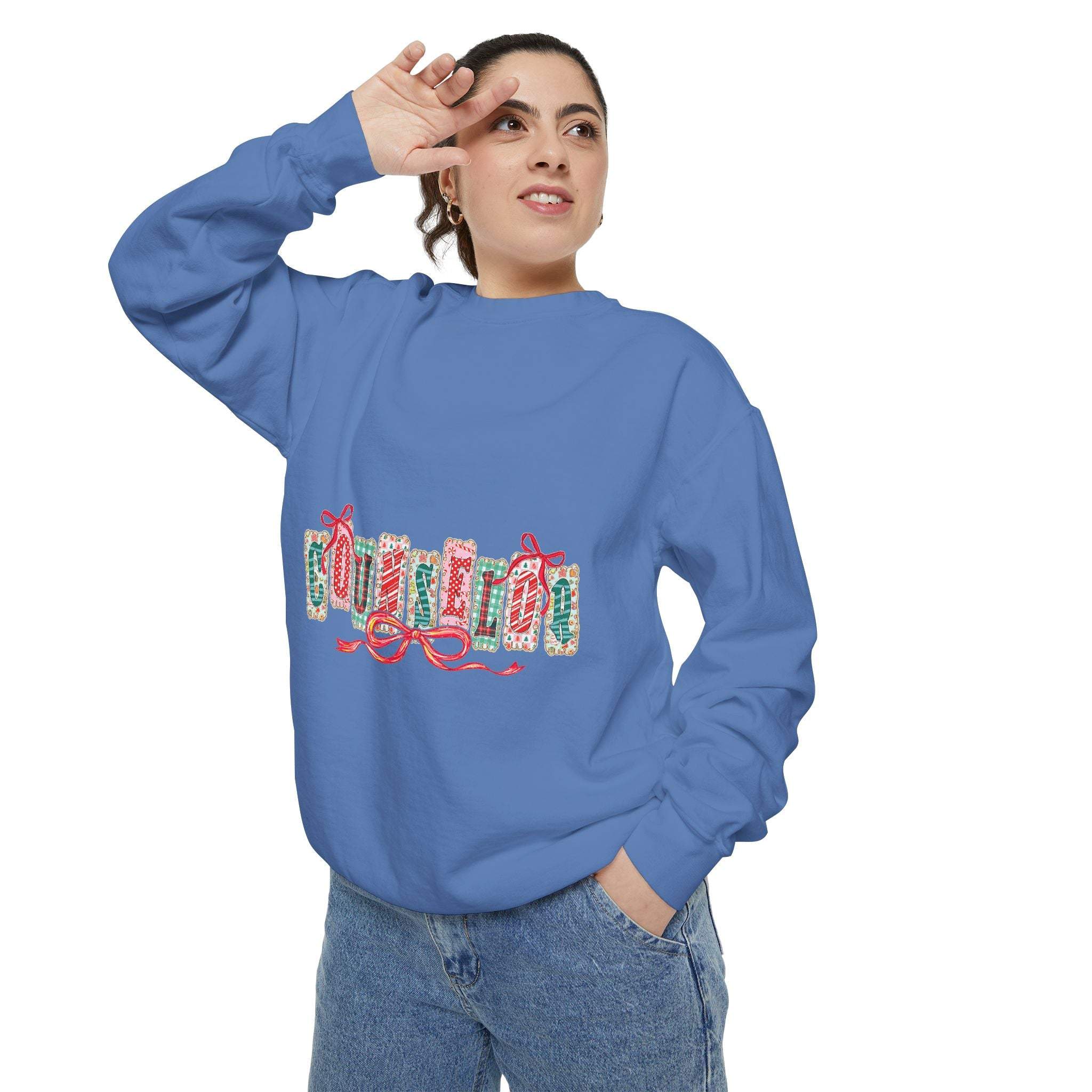 Garment-dyed True Navy sweatshirt with festive Christmas design, perfect for holiday gifting, by Printify