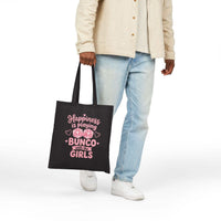 Happiness is Playing Bunco canvas tote bag with dice night design for game enthusiasts