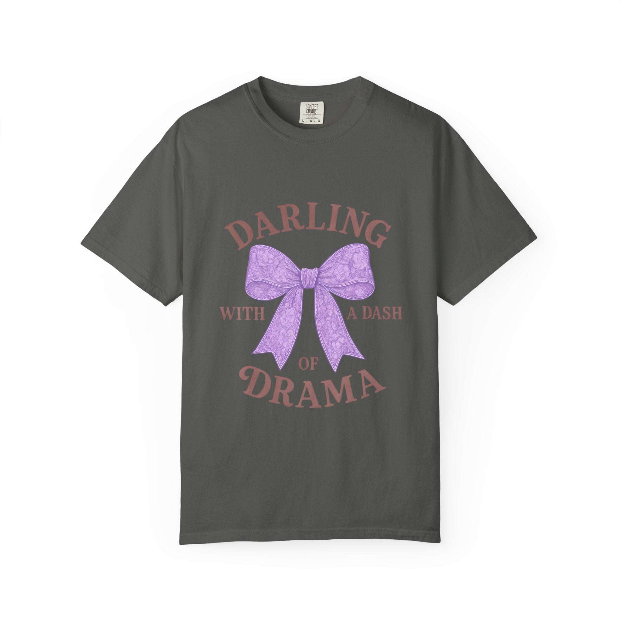 Gray t-shirt with a purple bow and text on a white background