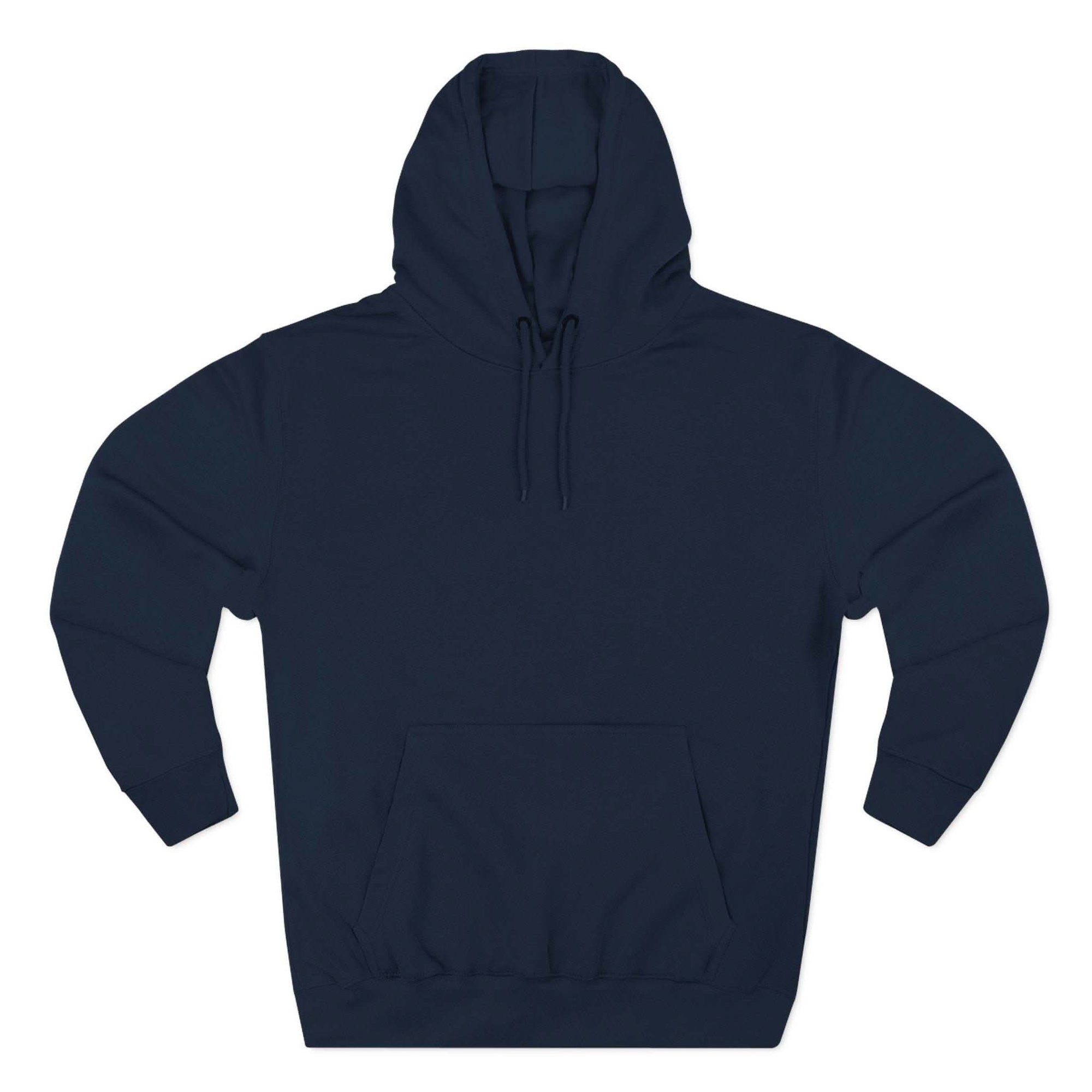 navy blue fleece hoodie with adjustable hood and kangaroo pocket