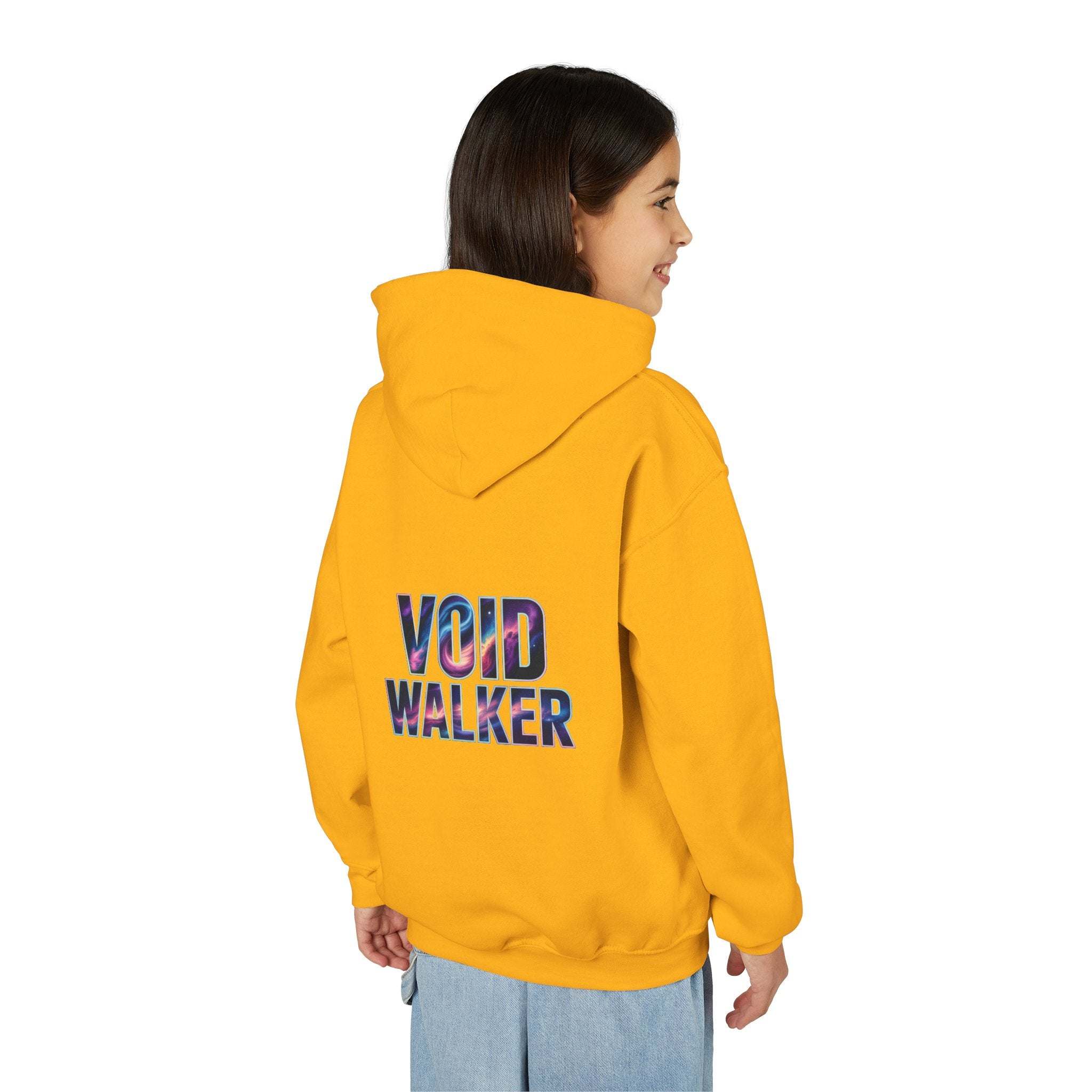 Child wearing yellow Galaxy Hoodie with Void Walker galaxy print on back