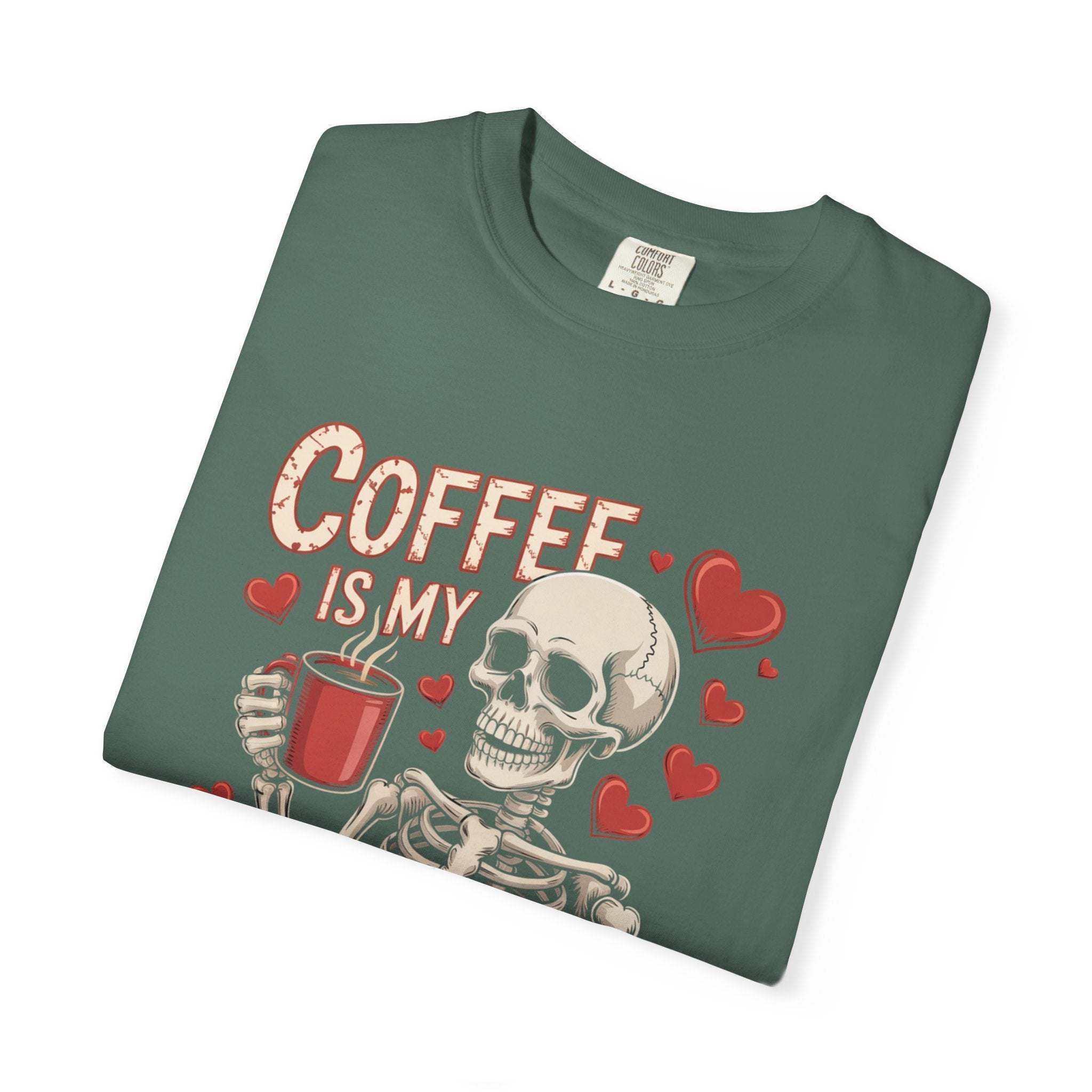 Coffee Is My Valentine skeleton graphic on vintage-washed relaxed fit t-shirt