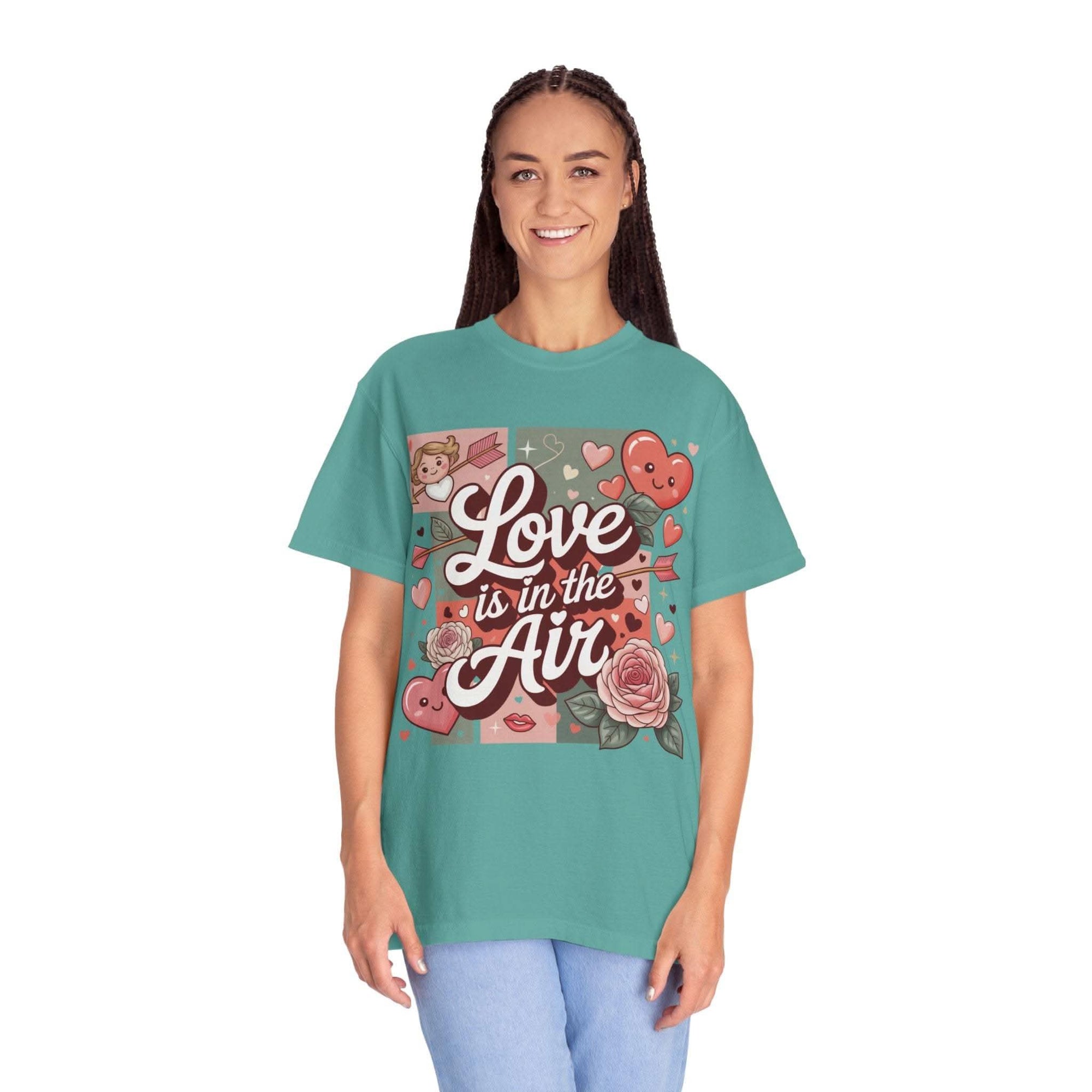 Valentine's T-shirt with hearts and Love Is in the Air design in vintage washed style