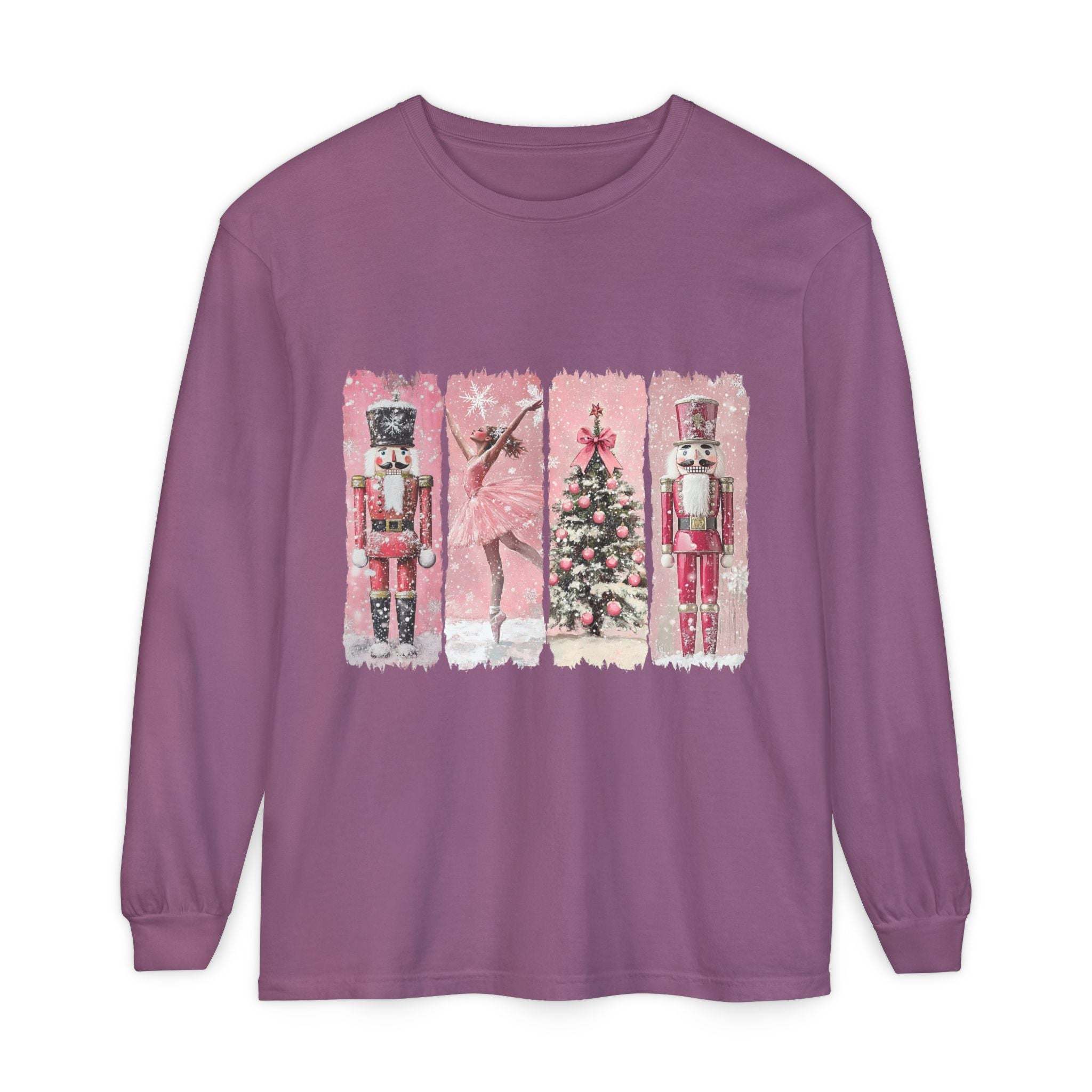 Preppy pink long sleeve t-shirt with watercolor Nutcracker Christmas design