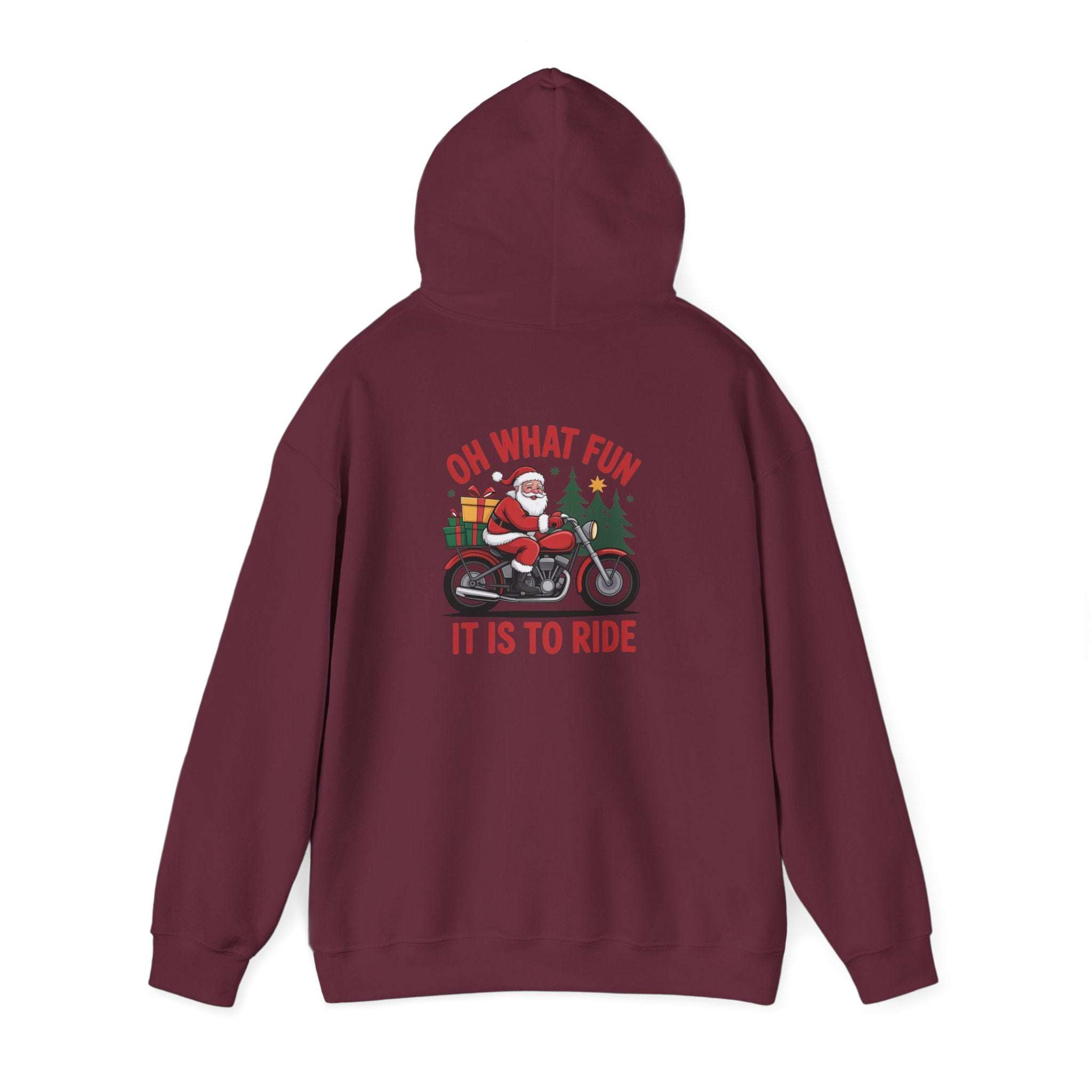 Santa motorcycle hoodie in black, featuring festive graphics, perfect for holiday celebrations and motorcycle enthusiasts.