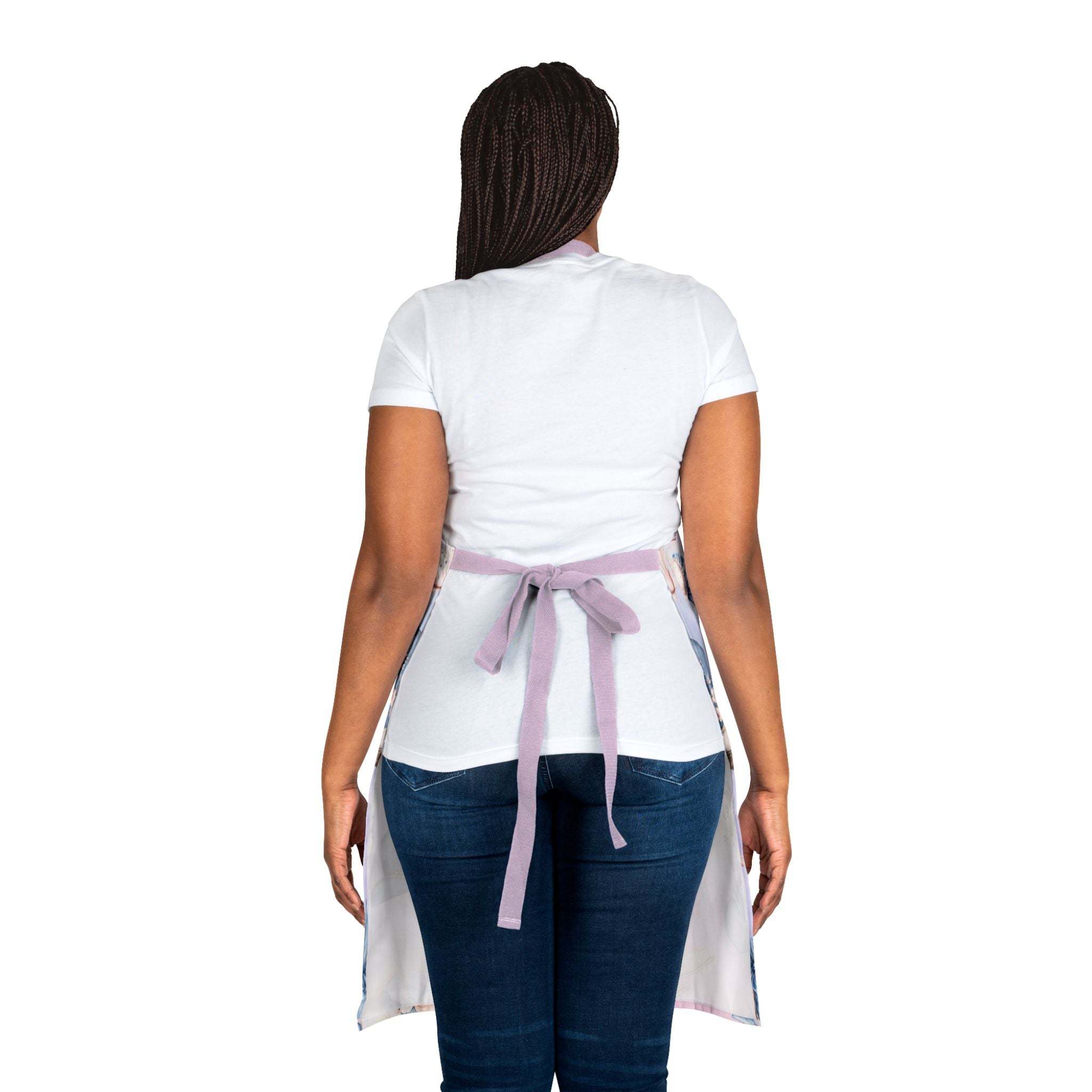 Woman wearing Pastel Coastal Cowgirl apron with lavender tie-back straps viewed from the back