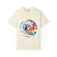Surfing Santa T-Shirt in black cotton, featuring a festive Santa design, perfect for holiday apparel.