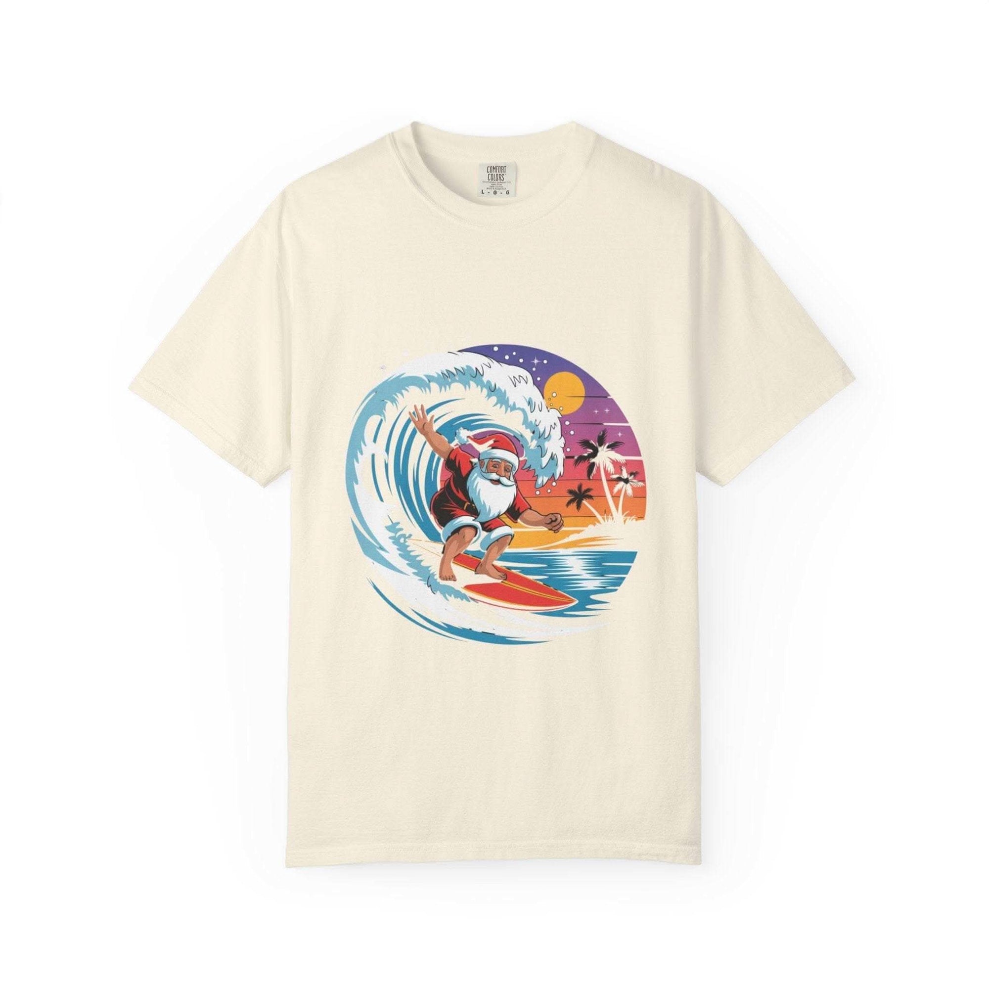 Surfing Santa T-Shirt in black cotton, featuring a festive Santa design, perfect for holiday apparel.