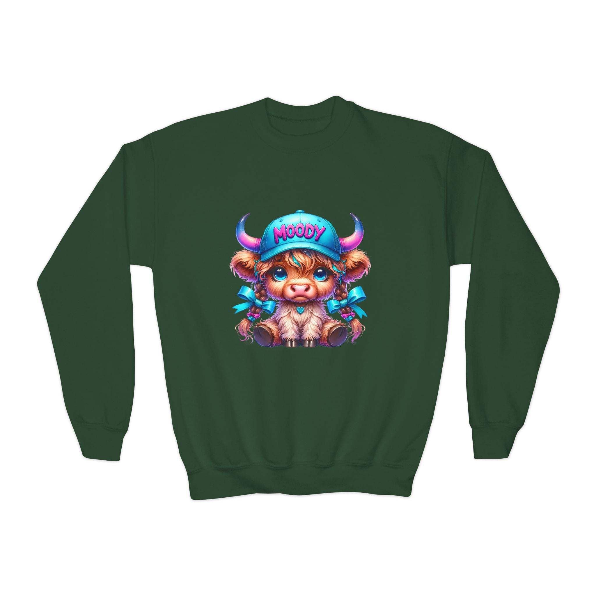 Kids dark green sweatshirt with colorful moody girl highland cow graphic on front