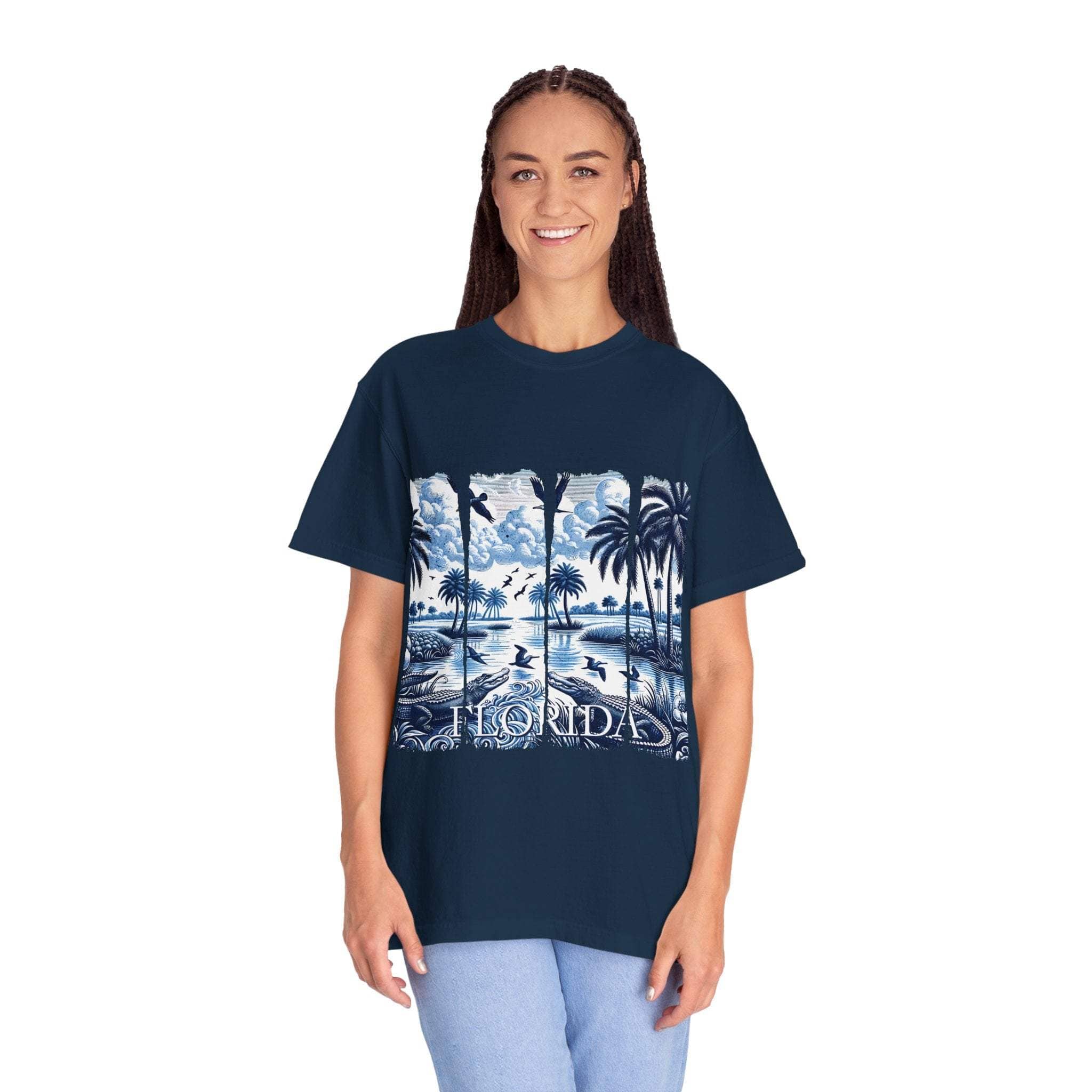 Blue Chinoise Brushstroke T-Shirt with soft blue chinoiserie brushstroke design on garment-dyed cotton tee